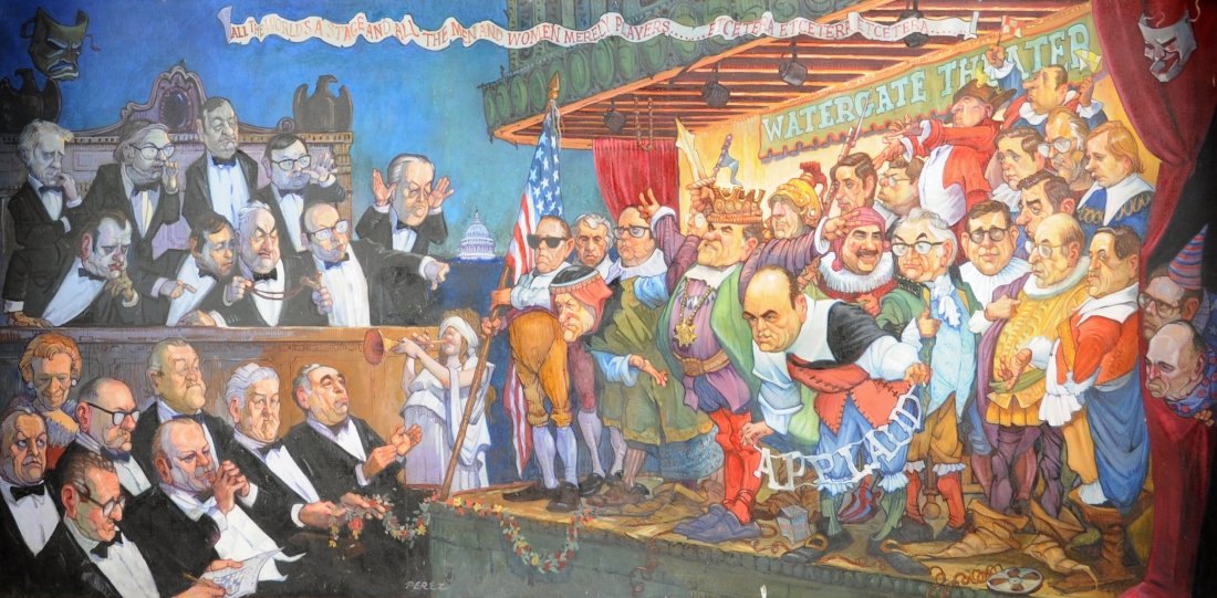 JOSE PEREZ (American b. 1929) A PAINTING, "Watergate Th: JOSE PEREZ (American b. 1929) A PAINTING, "Watergate Theater," oil on canvas, signed L/C. 4' x 8' Framed.