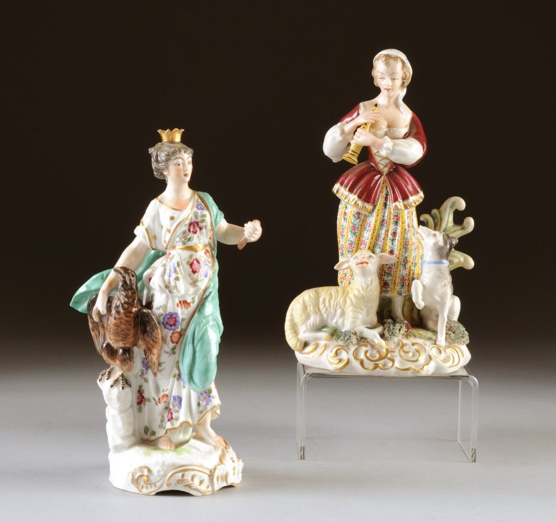 TWO DRESDEN PORCELAIN POLYCHROME PAINTED MAIDEN FIGURAL: TWO DRESDEN PORCELAIN POLYCHROME PAINTED MAIDEN FIGURAL GROUPS, BLUE CROSSED SWORDS MARK, ONE IMPRESSED 2011, 20TH CENTURY, one modeled as a maiden playing a flute surrounded by seated lamb and an att
