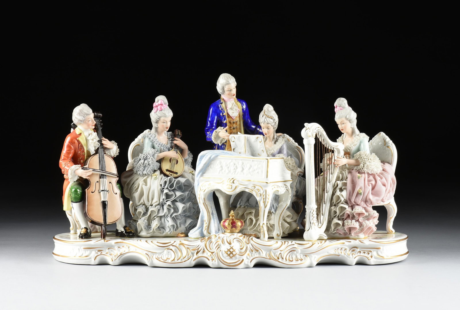A DRESDEN PORCELAIN SCULPTURAL GROUP OF MUSICIANS, GERMAN, 1960s,: A DRESDEN PORCELAIN SCULPTURAL GROUP OF MUSICIANS, GERMAN, 1960s, hand painted porcelain, with the Dresden porcelain mark on the bottom. 11 1/2 x 21 x 9 in. (29.2 x 53.3 x 22.9 cm.) Provenance: Privat