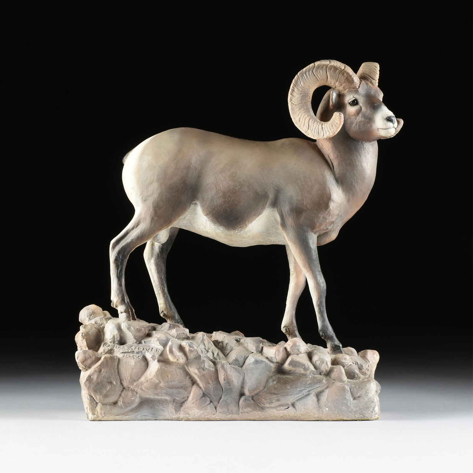 BOB SCRIVER (American 1914-1999) "Harold's Ram," 1955: BOB SCRIVER (American 1914-1999) "Harold's Ram," 1955painted plaster, signed and dated at base, "© BOB SCRIVER / 1955."18 3/8 x 17 x 6 3/4 in. (46.7 x 43.2 x 17.1 cm.)