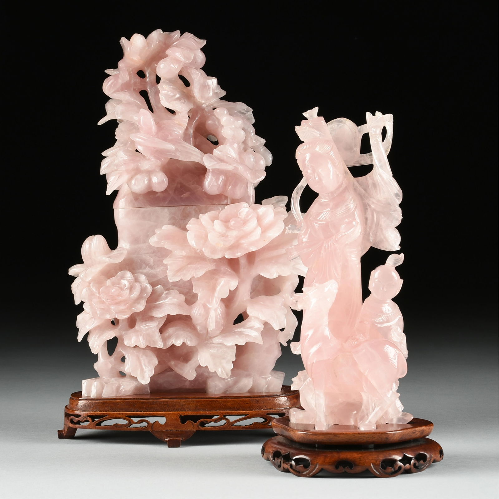 TWO ROSE QUARTZ SCULPTURES, CHINESE, 20TH CENTURY, (1 of 14)