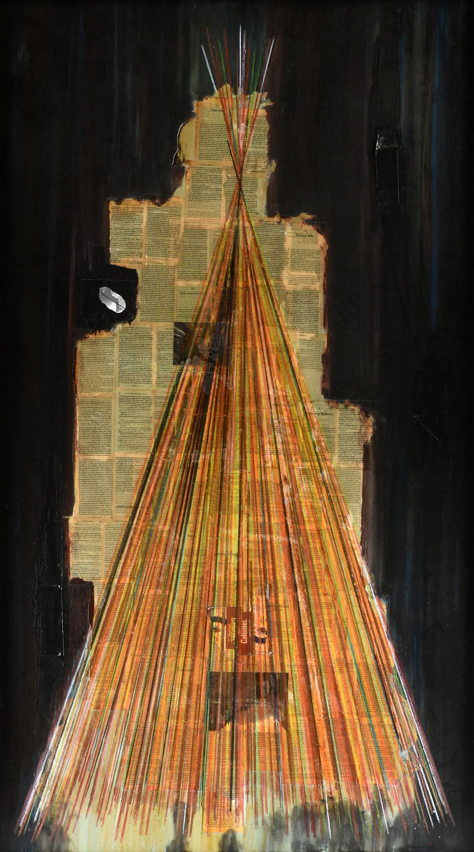 STEPHEN G. RHODES (America b. 1977) "Overlooked Xorcize #4," 21ST CENTURY,: STEPHEN G. RHODES (America b. 1977) "Overlooked Xorcize #4," 21ST CENTURY,mixed media with oil, crayon, and collage on wood panel.85 1/2 x 48 1/2 in. (217.2 x 123.2 cm.) Provenance: Collection of Davi