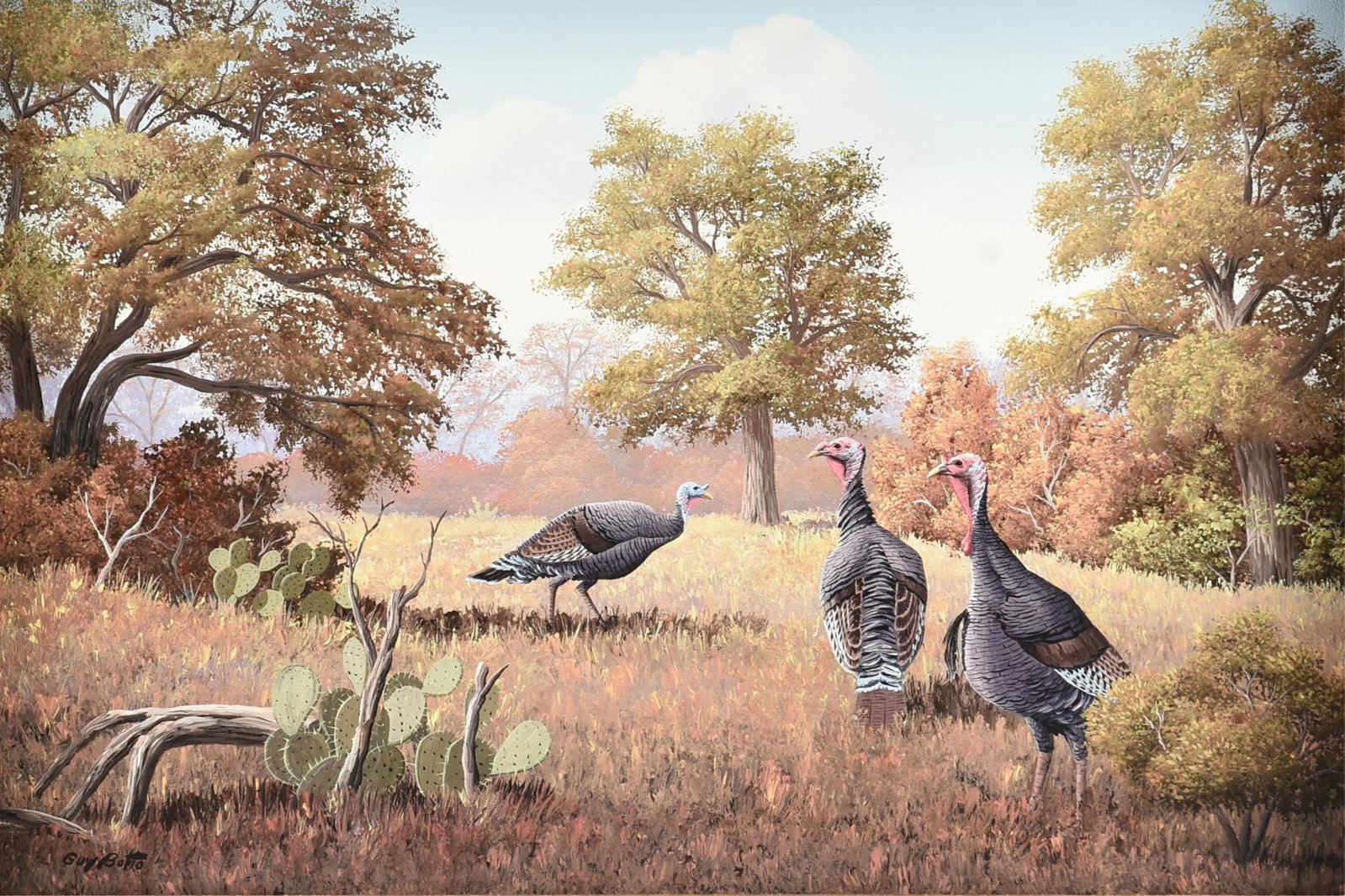 GUY BOTTO (American/Texas 1920-1989) "Turkeys in Hill Country," 20TH CENTURY,: GUY BOTTO (American/Texas 1920-1989) "Turkeys in Hill Country," 20TH CENTURY, oil on canvas, signed lower left, "Guy Botto," with the artist's inventory number on reverse, "GB 981." 20 x 30 in. (50.8 