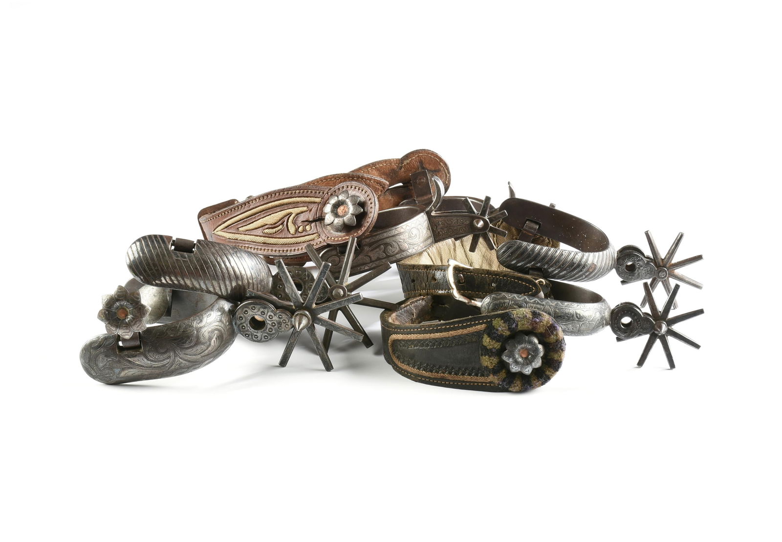 THREE PAIRS OF SILVERED SPURS, MEXICAN, EARLY 20TH CENTURY, (1 of 5)