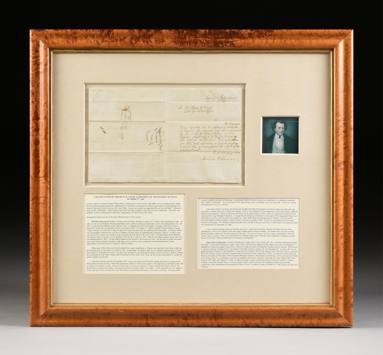 A DOCUMENT SIGNED BY MIRABEAU B. LAMAR, PRESIDENT OF THE REPUBLIC OF TEXAS, OCTOBER 2, 1841,: A DOCUMENT SIGNED BY MIRABEAU B. LAMAR, PRESIDENT OF THE REPUBLIC OF TEXAS, OCTOBER 2, 1841,hand inscribed ink on paper, "To: Col. Thomas William Ward, Commissioner of the General Land Office of Texas