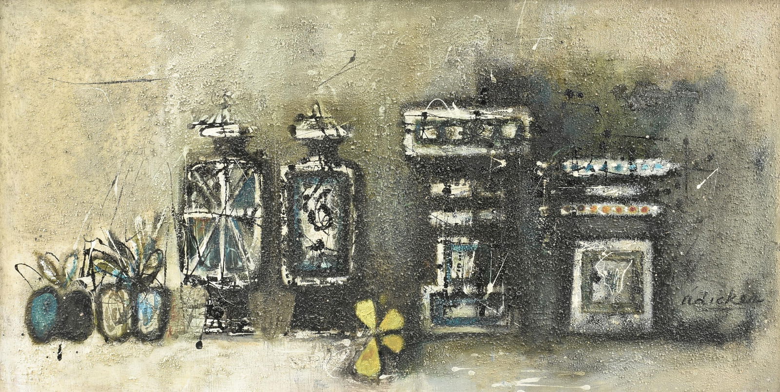 DAVID ADICKES "Still Life with Bottles," 1958,: DAVID ADICKES "Still Life with Bottles," 1958,oil and mixed media on panel, signed lower right, "adickes," and labeled, signed, and dated on back, "58 M-18 / adickes / July 1958 / Kyoto," and with a J