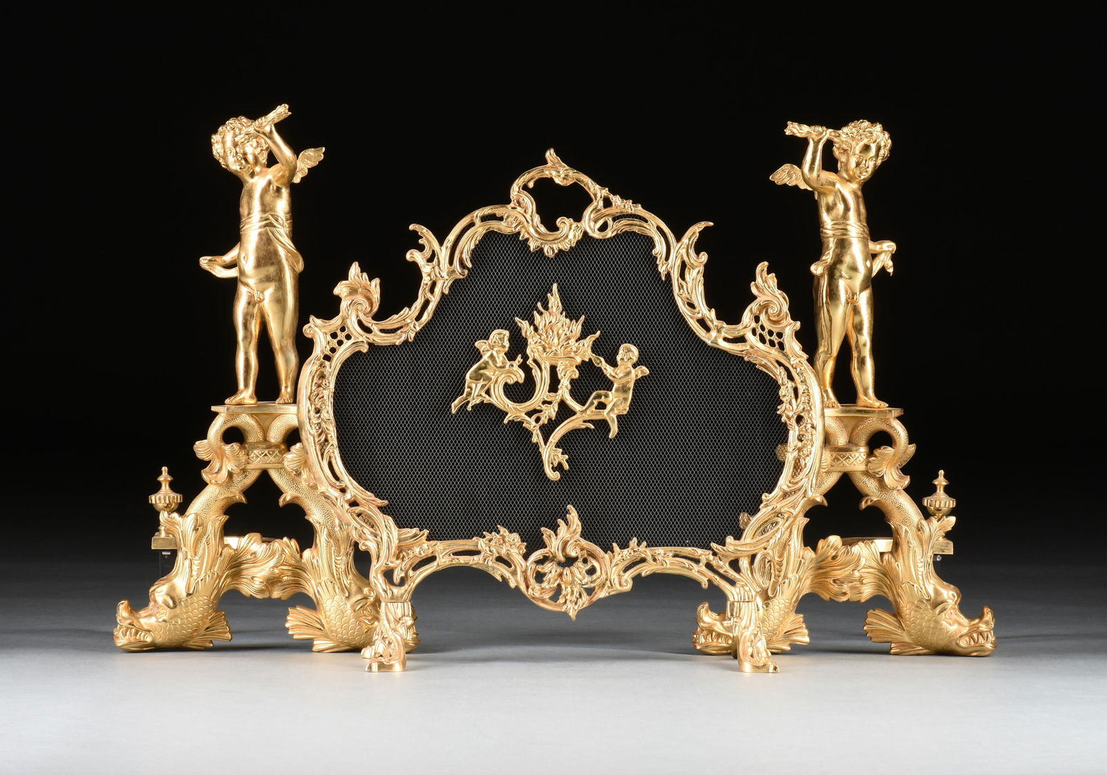 A ROCOCO STYLE FIREPLACE SCREEN AND ANDIRONS, 20TH CENTURY, (1 of 5)
