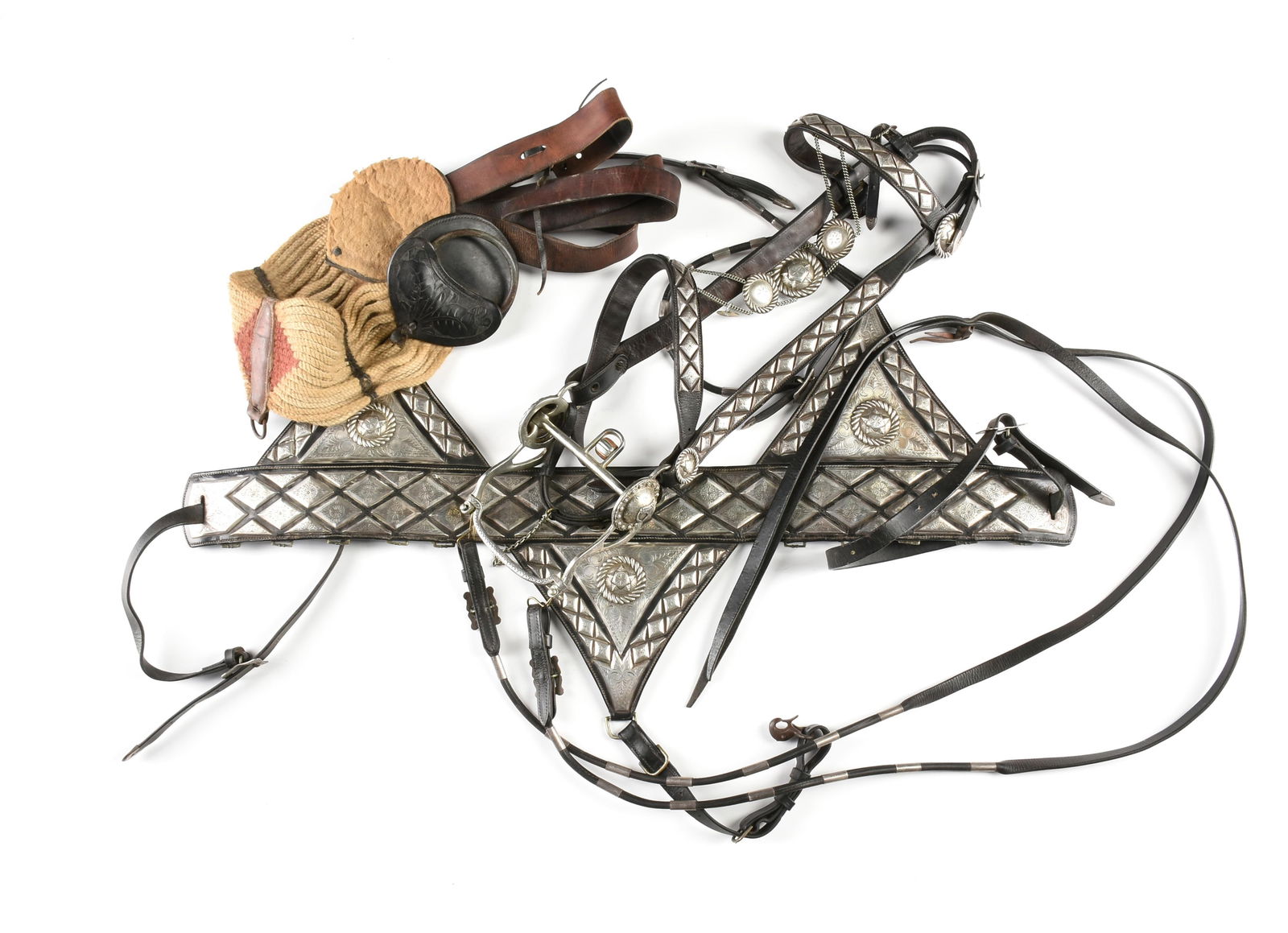 A KEYSTON BROTHERS STERLING SILVER MARTINGALE, BRIDLE, AND SADDLE CINCH, AMERICAN, MID 20TH (1 of 19)