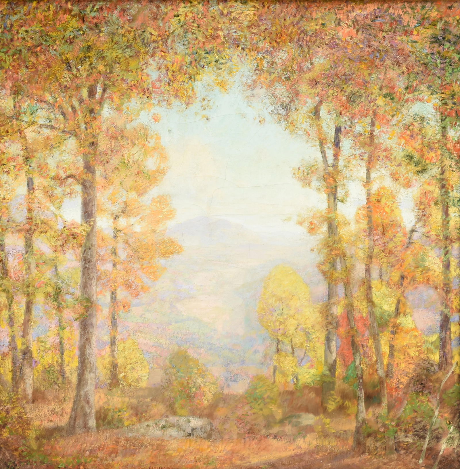 LAWRENCE MAZZANOVICH (American 1871-1959) "Fall Landscape (Untitled)," 20TH CENTURY,: LAWRENCE MAZZANOVICH (American 1871-1959) "Fall Landscape (Untitled)," 20TH CENTURY,oil on canvas laid on board, signed lower center left, "MAZZANOVICH."30 1/8 x 30 1/8 in. (76.5 x 76.5 cm.), Frame: 3