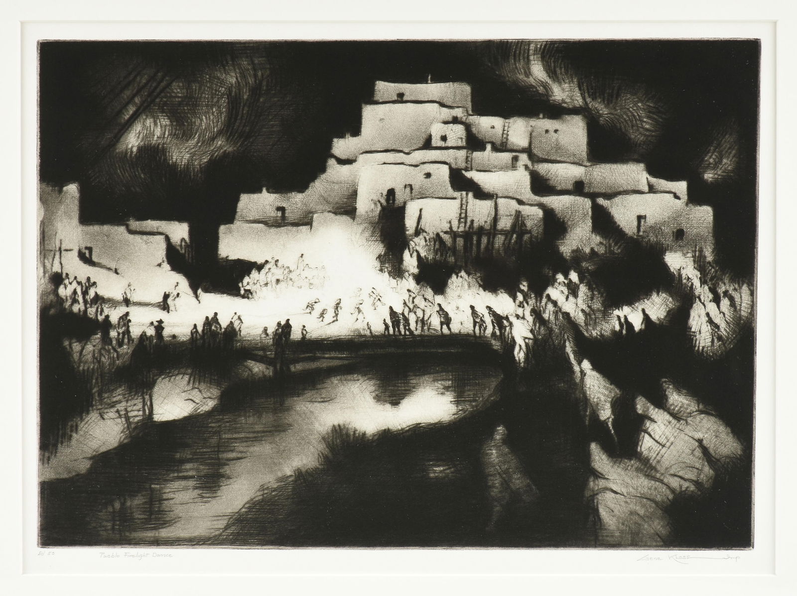 GENE KLOSS (American 1906-1996) "Pueblo Firelight Dance," 1952,: GENE KLOSS (American 1906-1996) "Pueblo Firelight Dance," 1952,drypoint and aquatint on wove paper, signed in pencil lower right, "Gene Kloss Imp," and editioned and titled lower left, "Ed 50 / Pueblo