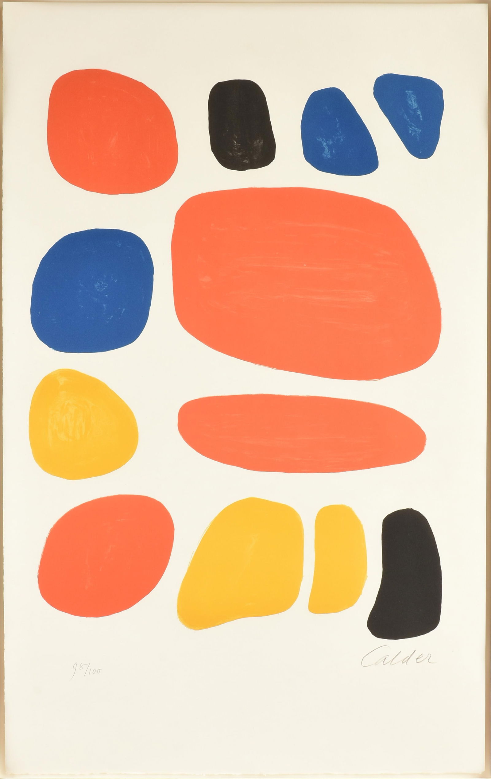 ALEXANDER CALDER (American 1898-1976) "Homage to Ben Shahn," 1975,: ALEXANDER CALDER (American 1898-1976) "Homage to Ben Shahn," 1975,lithograph on wove paper, signed in pencil lower right, "Calder," and numbered lower left, "98/100."39 x 24 in. (99.1 x 61 cm.), Frame