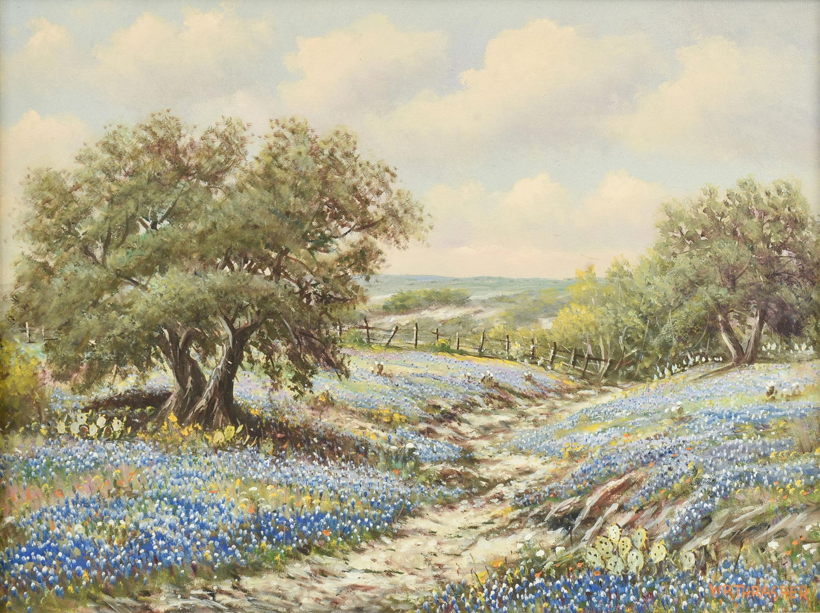 WILLIAM ROBERT THRASHER (American/Texas 1908-1997) "Bluebonnets Along the Creek Bed (Untitled),": WILLIAM ROBERT THRASHER (American/Texas 1908-1997) "Bluebonnets Along the Creek Bed (Untitled)," 20TH CENTURY,oil on canvas, signed lower right, "WR THRASHER."18 x 24 in. (45.7 x 61 cm.), Frame: 25 3/