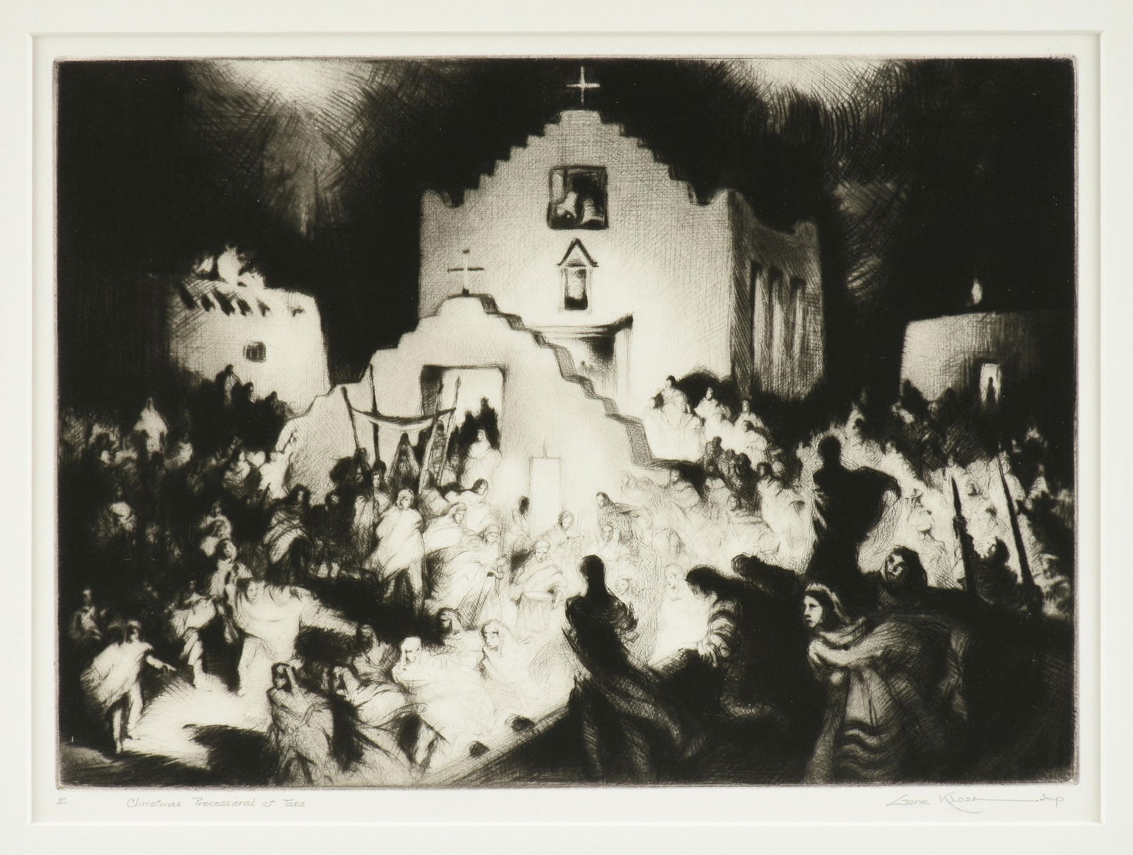 GENE KLOSS (American 1906-1996) "Christmas Processional at Taos," 1948,: GENE KLOSS (American 1906-1996) "Christmas Processional at Taos," 1948,drypoint and aquatint on wove paper, signed lower right, "Gene Kloss Imp," titled lower left "II Christmas Processional at Taos,"