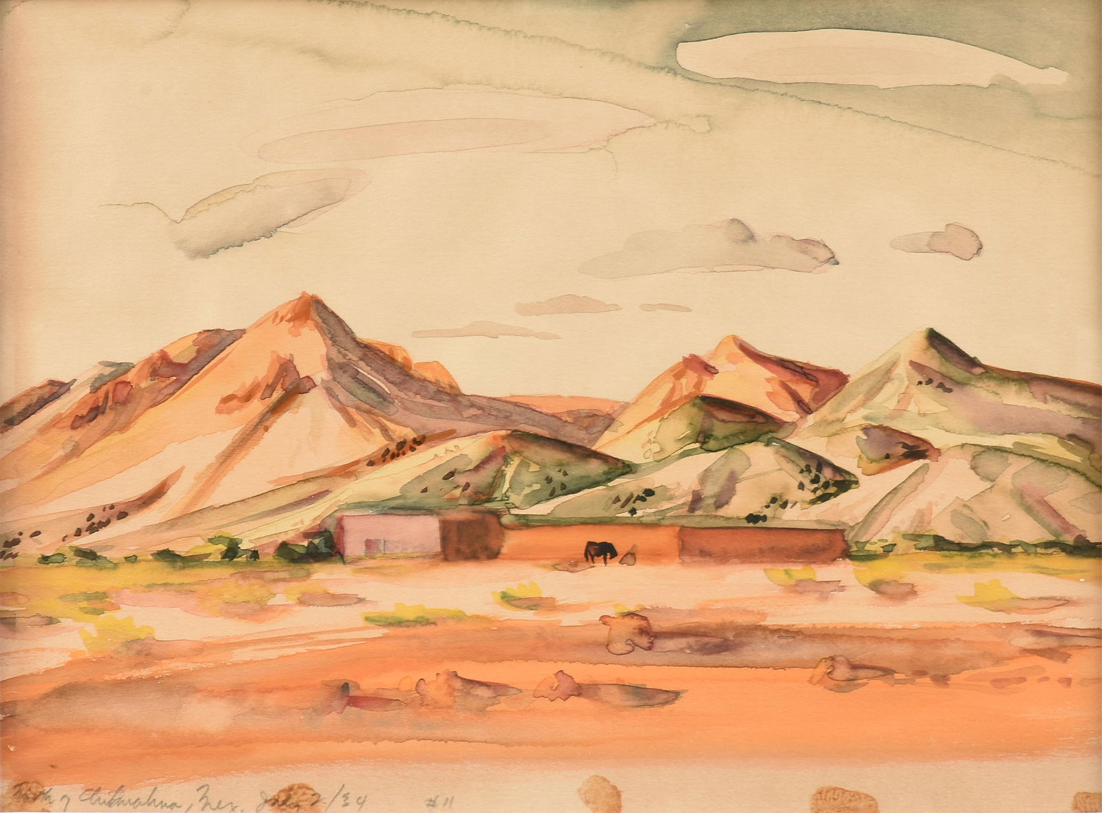 JERRY BYWATERS (American/Texas 1906-1989) "Sunset - Sierra Madre Mountains," 1934,: JERRY BYWATERS (American/Texas 1906-1989) "Sunset - Sierra Madre Mountains," 1934,watercolor on paper, titled lower left, "State of Chihuahua, Mex. July 2/34 #11," and titled, dated, and signed on rev