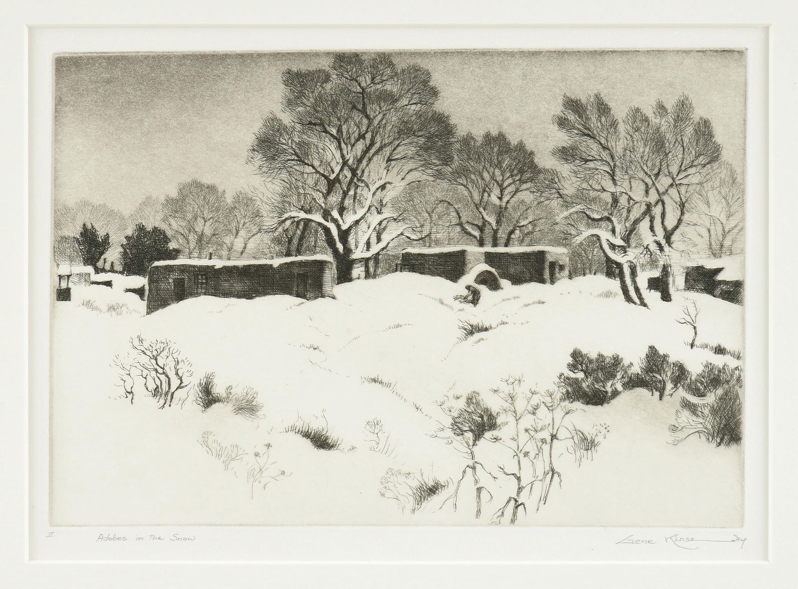 GENE KLOSS (American 1906-1996) "Adobes in the Snow," 1944,: GENE KLOSS (American 1906-1996) "Adobes in the Snow," 1944,etching on wove paper, signed in pencil lower right, "Gene Kloss Imp," titled lower left, "II Adobes in the Snow," from an edition of 75, Klo