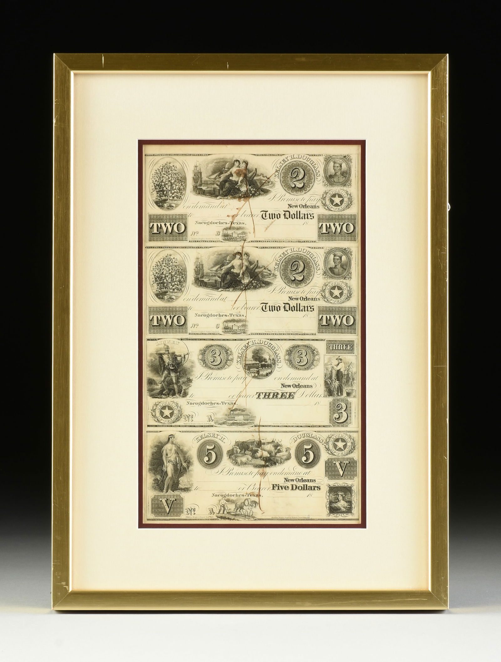 A REPUBLIC OF TEXAS UNCUT SHEET OF MERCANTILE CURRENCY ISSUED BY KELSEY H. DOUGLASS, MARCH 1, 1832 (1 of 5)