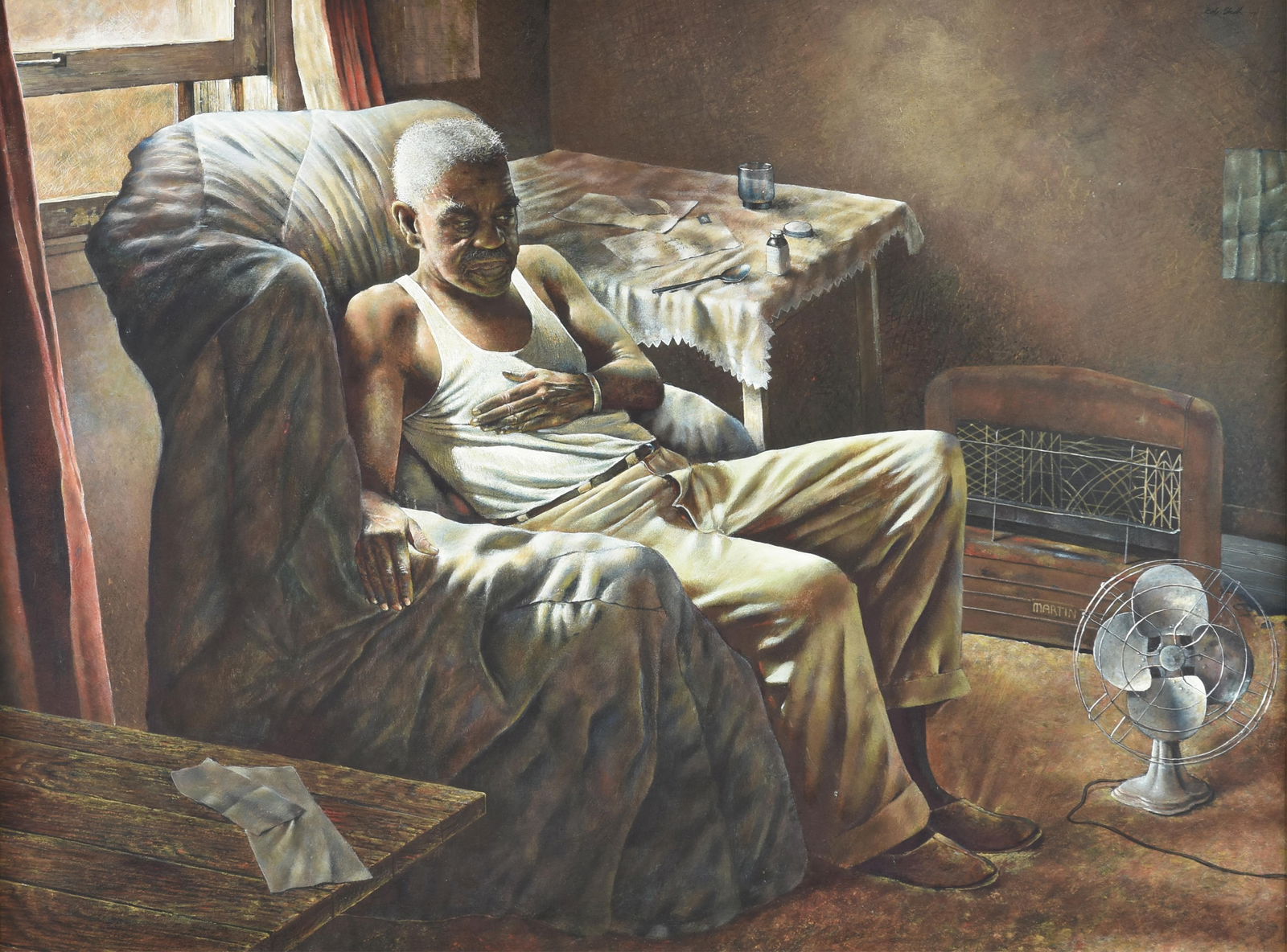 BOB STUTH-WADE (American/Texas b. 1952) "The Letter," 1971,: BOB STUTH-WADE (American/Texas b. 1952) "The Letter," 1971,oil on board, signed and dated upper right, "Bob Stuth 1971."29 1/2 x 39 1/2 in. (74.9 x 100.3 cm.), Frame: 36 x 46 in. (91.4 x 116.8 cm.) Pr