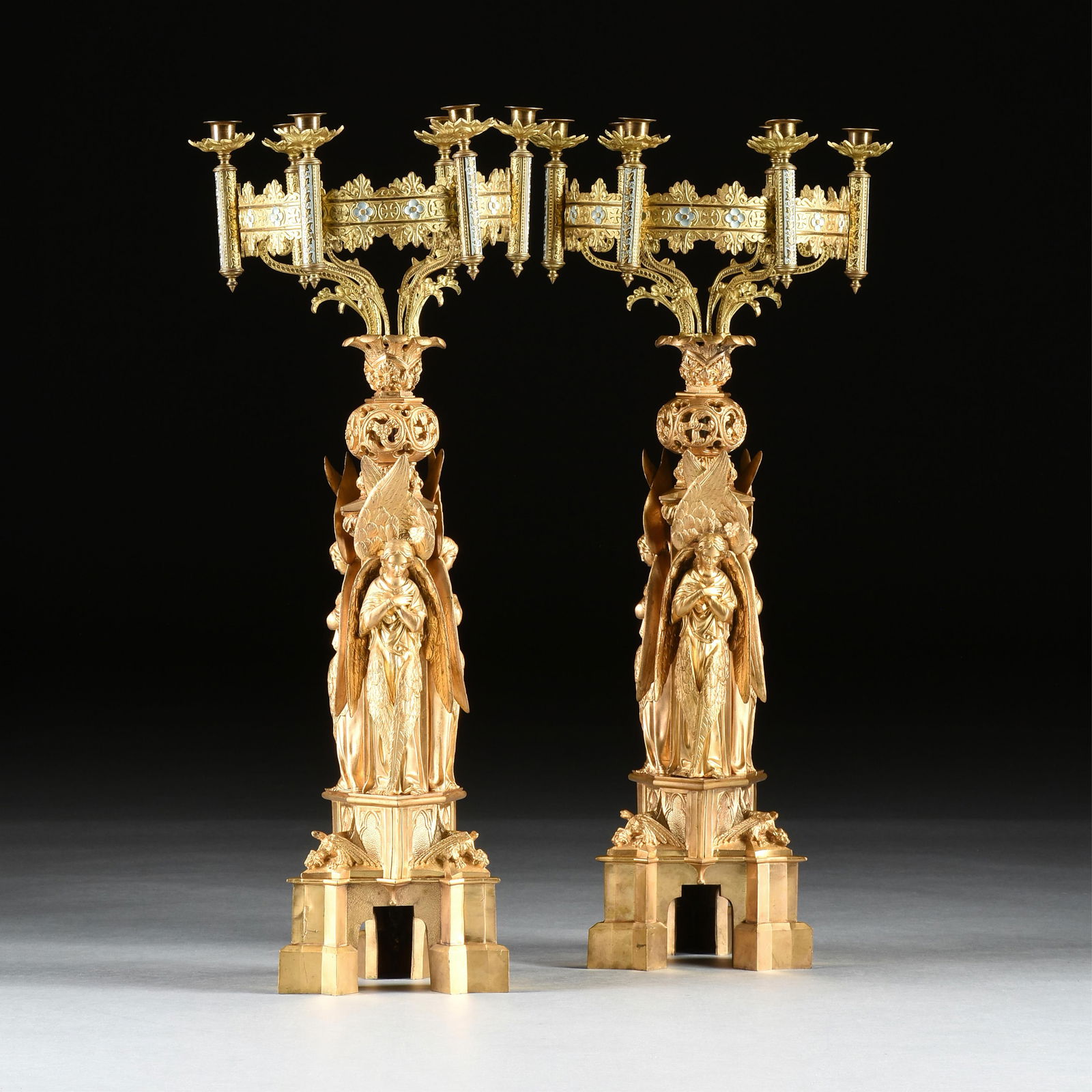 A PAIR OF GILT BRONZE SIX-LIGHT CANDELABRA, FRENCH, 19TH CENTURY, (1 of 10)