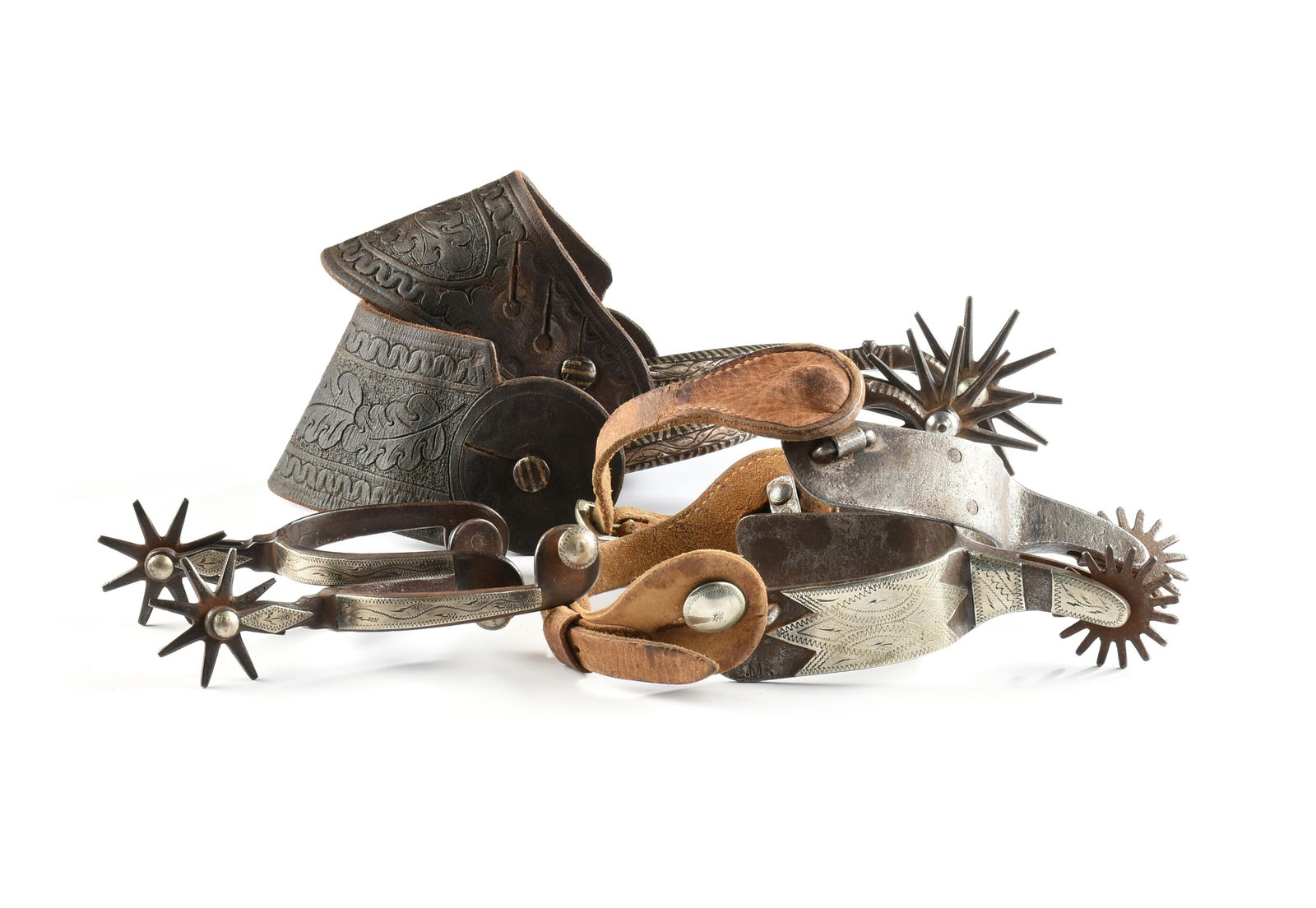 THREE PAIRS OF CALIFORNIA STYLE SILVER MOUNTED SPURS, AMERICAN, EARLY 20TH CENTURY, (1 of 7)