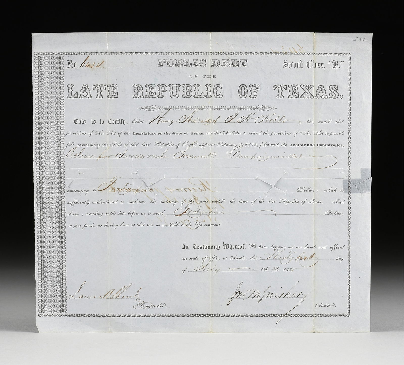 A PUBLIC DEBT OF THE LATE REPUBLIC OF TEXAS, FOR 1842 SOMERVILLE CAMPAIGN, SECOND CLASS "B,": A PUBLIC DEBT OF THE LATE REPUBLIC OF TEXAS, FOR 1842 SOMERVILLE CAMPAIGN, SECOND CLASS "B," AUSTIN, JULY 31, 1855,lithograph and manuscript ink on blue tinted wove paper, No. 6434, "This is to Certif