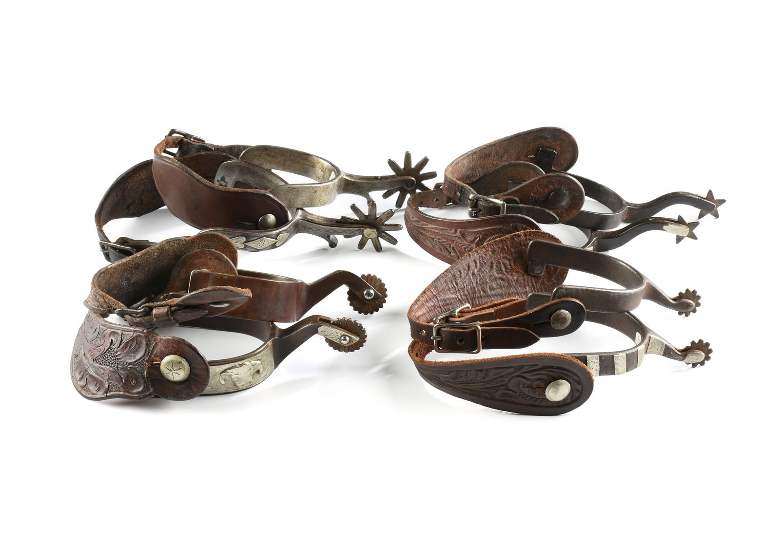 FOUR PAIRS OF NICKEL MOUNTED SPURS, AMERICAN, 1910s - 1950s, (1 of 7)