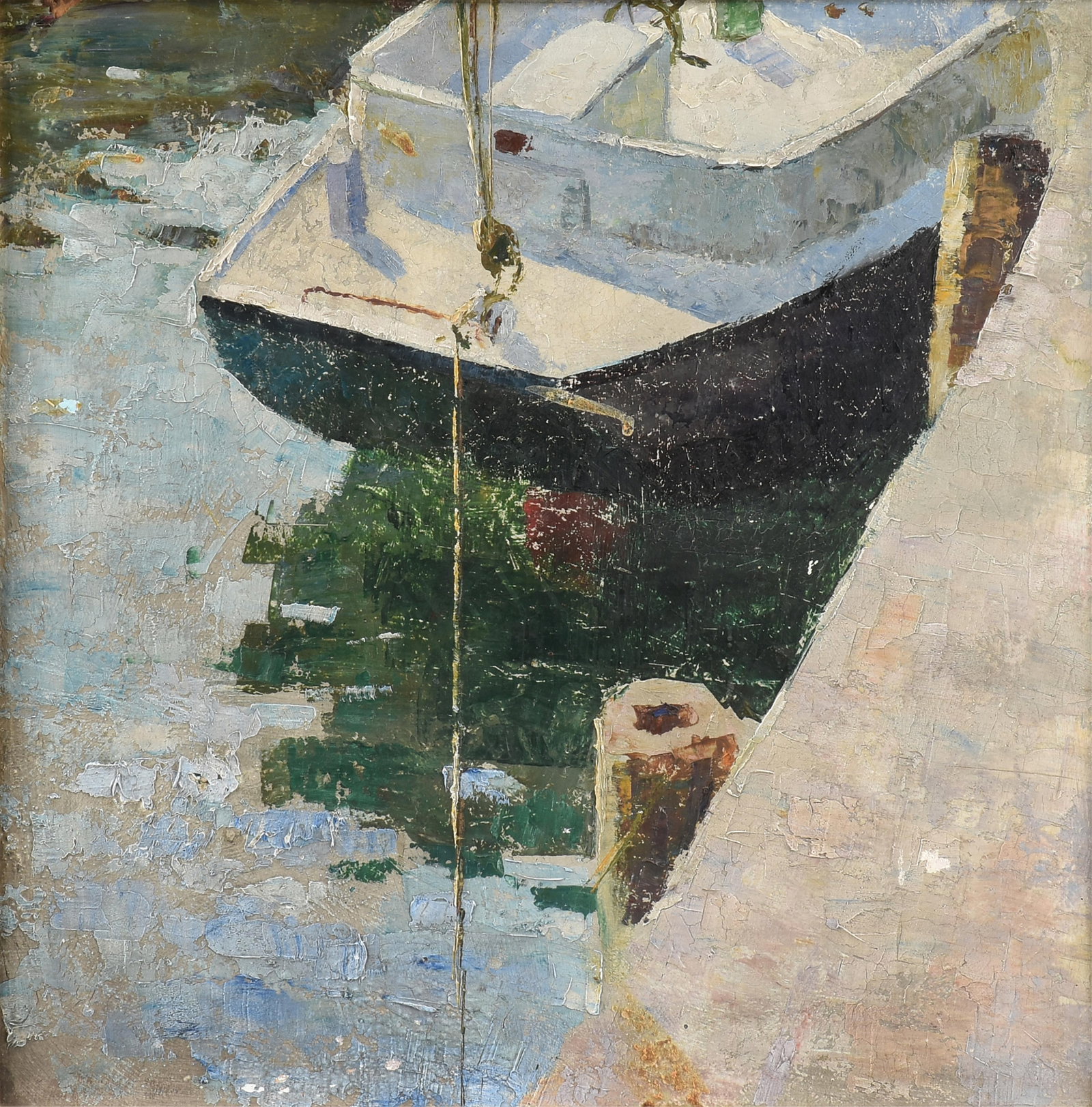 AMERICAN SCHOOL "Boat Tied to Pier (Untitled)," 20TH CENTURY,: AMERICAN SCHOOL "Boat Tied to Pier (Untitled)," 20TH CENTURY, oil on heavy card, reverse with a partial portrait and the signature, "Schlemmer." 23 3/4 x 23 3/4 in. (60.3 x 60.3 cm.), Frame: 26 1/4 x 