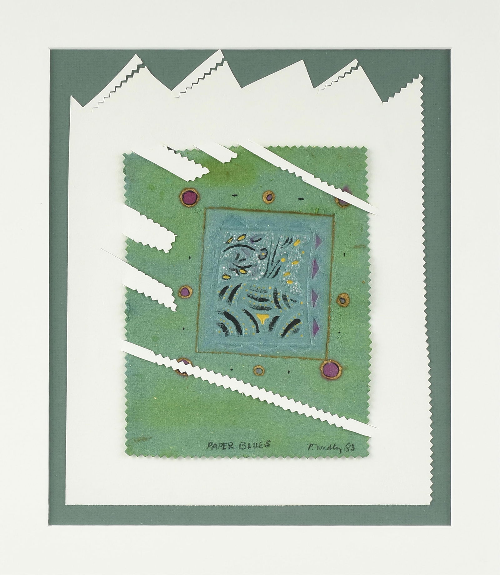 CONTEMPORARY SCHOOL (American) "Paper Blues," 1983,: CONTEMPORARY SCHOOL (American) "Paper Blues," 1983,a mixed media collage titled lower center and signed indistinctly and dated lower right, "P. ???? 83."Sight: 12 x 10 1/4 in. (30.5 x 26 cm.), Frame: