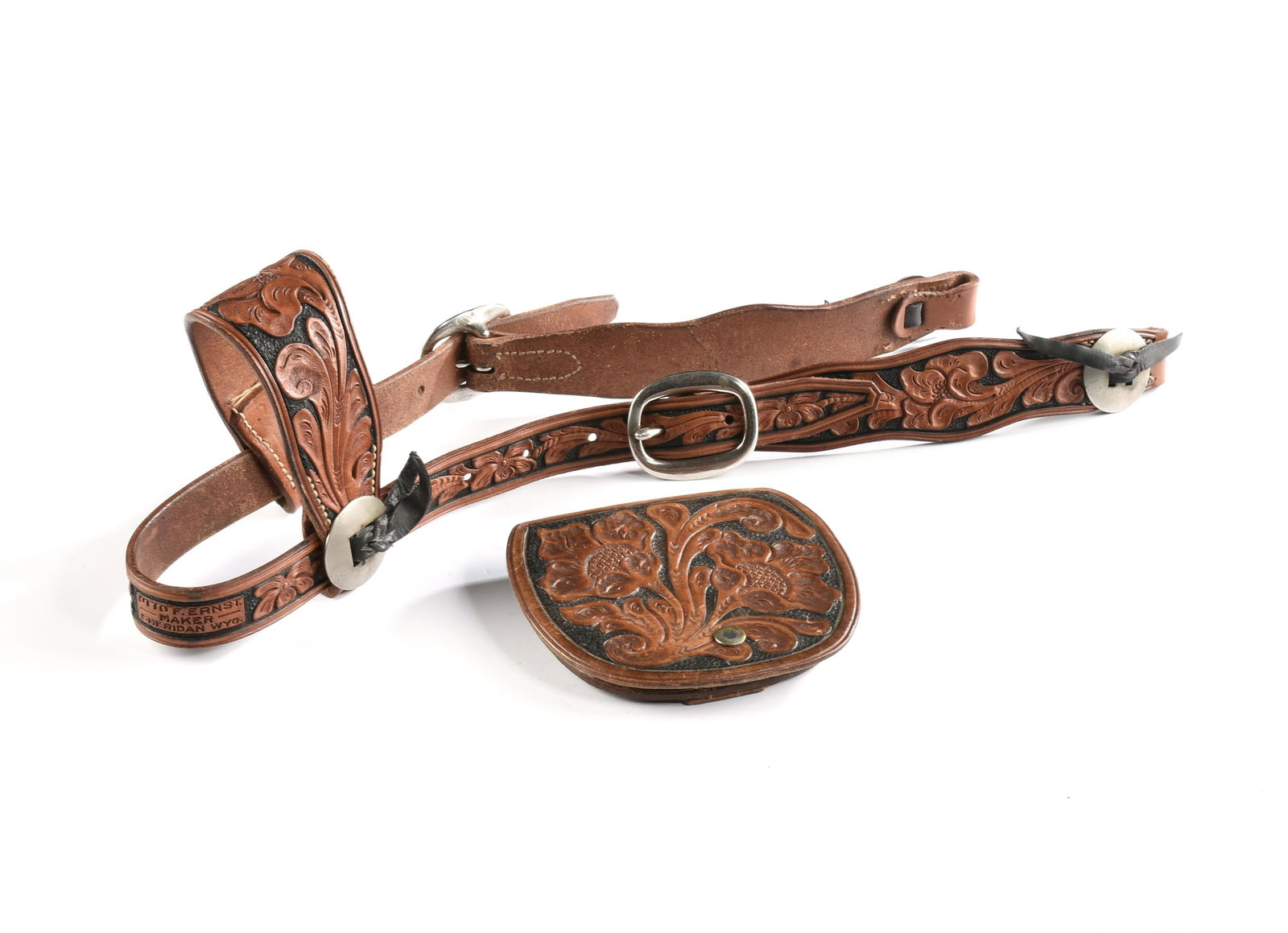 AN OTTO ERNST LEATHER HANDCUFF CASE AND HEADSTALL, AMERICAN, CIRCA 1950, (1 of 6)