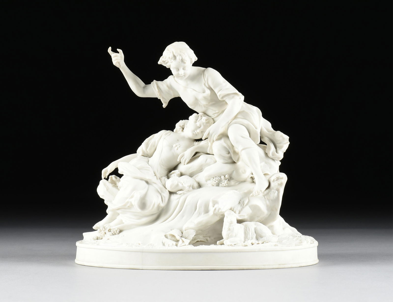 A ROCOCO STYLE BISCUIT PORCELAIN FIGURAL GROUP WITH SHEPHERD AND MAIDEN, POSSIBLY ITALIAN, 19TH/20TH (1 of 12)