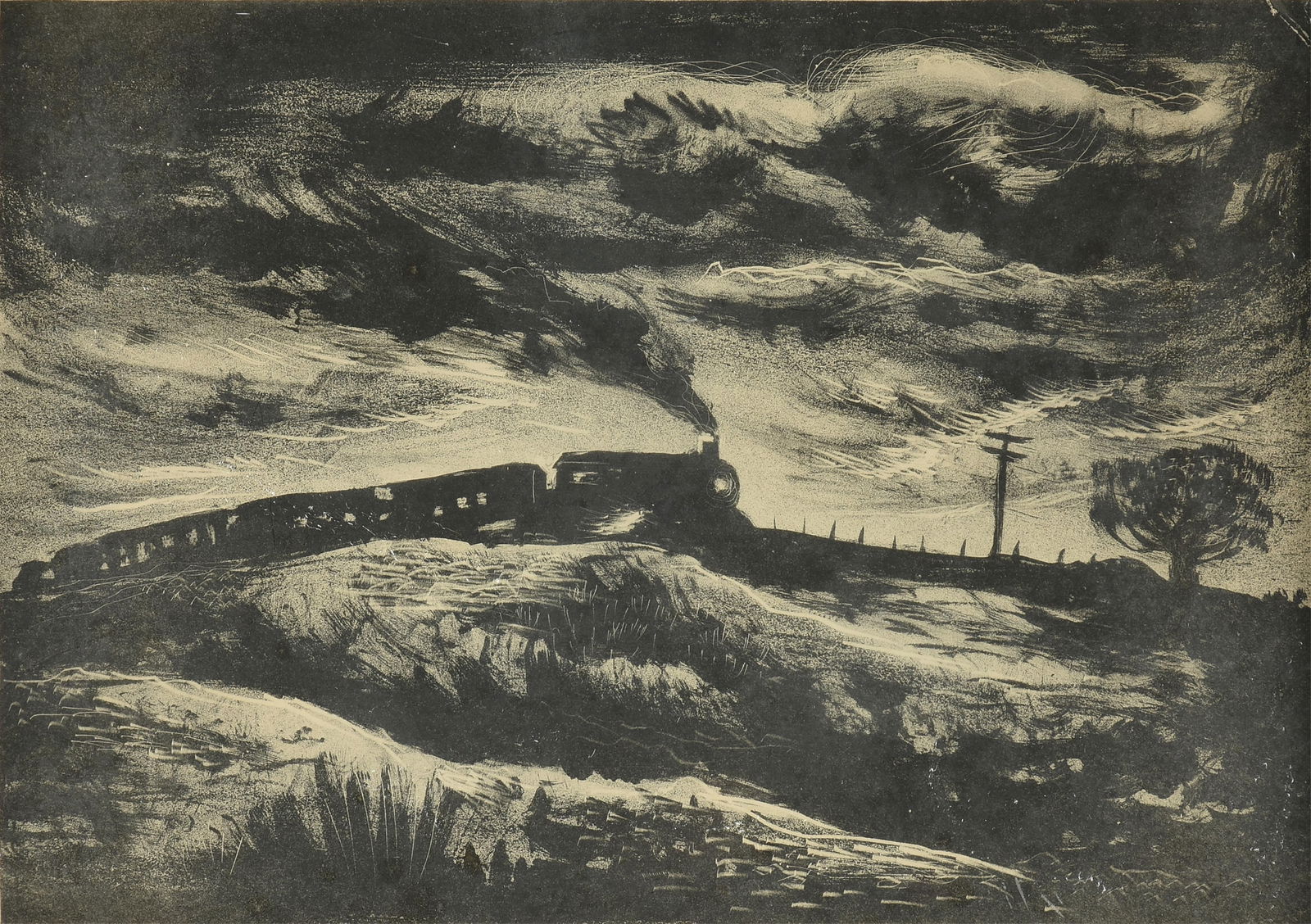 CHARLES SCHORRE (American 1925-1996) "Night Train," 1947,: CHARLES SCHORRE (American 1925-1996) "Night Train," 1947,lithograph on paper, signed and dated lower right, "Chas Schorre '47," and titled lower left, "Night Train."10 3/4 x 13 3/4 in. (27.3 x 34.9 cm