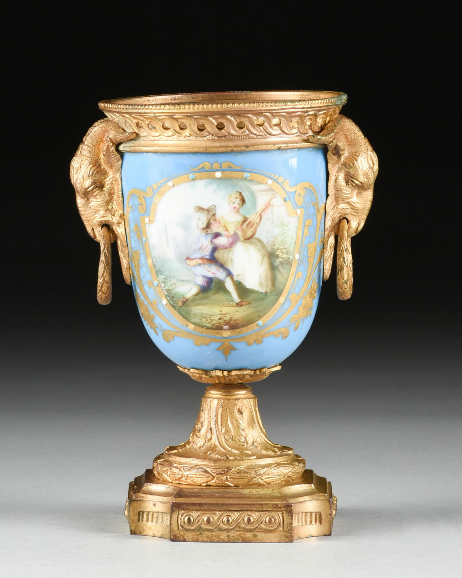 A NEOCLASSICAL STYLE BRONZE ORMOLU-MOUNTED PORCELAIN URN, FRENCH, 19TH CENTURY, (1 of 8)