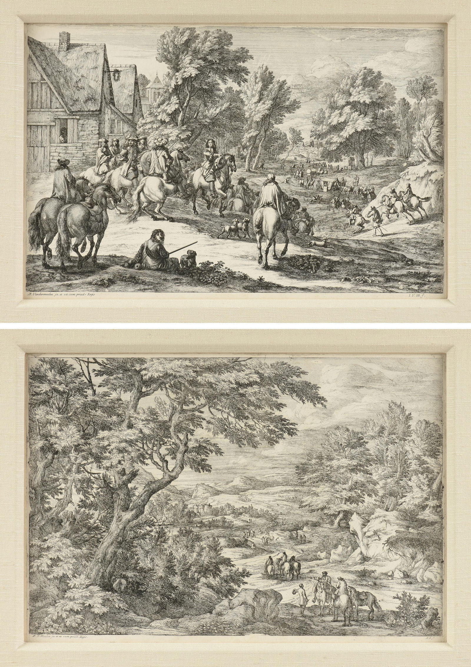 ADAM FRANS VAN DER MEULEN (Flemish 1632-1690) A PAIR OF ENGRAVINGS, 1678,: ADAM FRANS VAN DER MEULEN (Flemish 1632-1690) A PAIR OF ENGRAVINGS, 1678,two engravings on laid paper.Each: 11 1/2 x 17 1/2 in. (29.2 x 44.5 cm.), Frame: 19 1/2 x 25 3/4 in. (49.5 x 65.4 cm.)