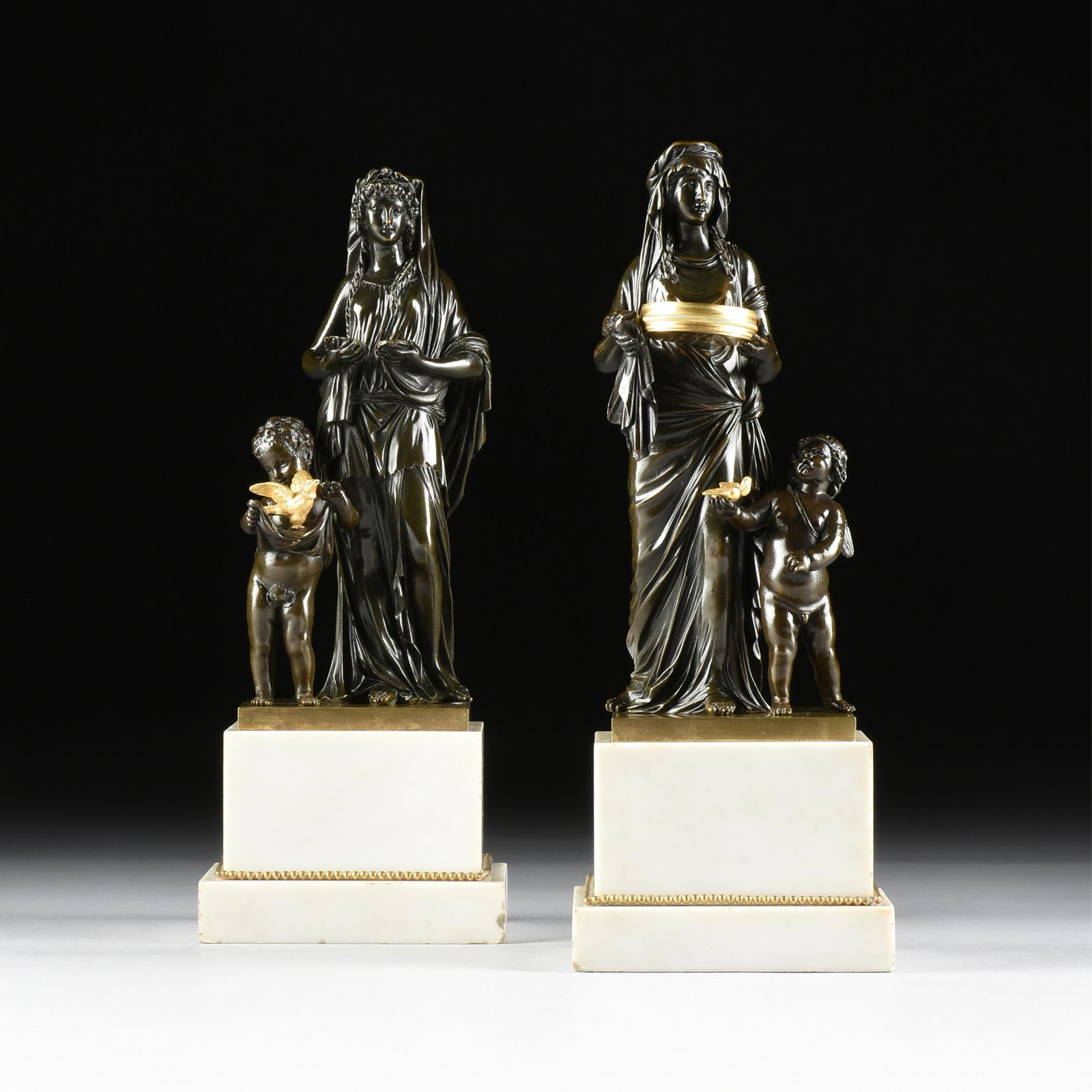 A PAIR OF NEOCLASSICAL STYLE BRONZE STATUETTES, ENGLISH OR FRENCH, 19TH CENTURY, (1 of 15)