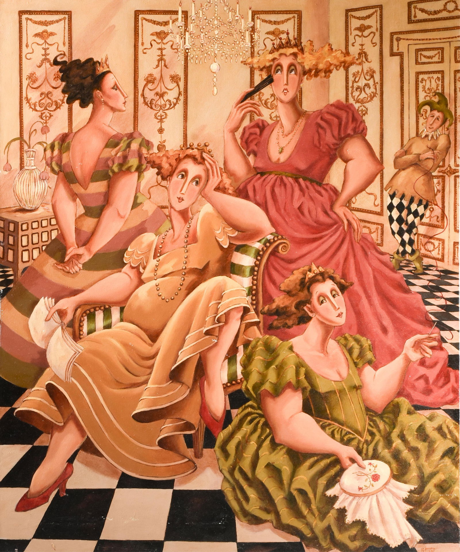 JOANNE BATTISTE (American 1932-2009) "What Do the Simple Folk Do?" LATE 20TH CENTURY,: JOANNE BATTISTE (American 1932-2009) "What Do the Simple Folk Do?" LATE 20TH CENTURY,oil on canvas, signed lower right, "Battiste," titled on a card affixed to the back.46 x 38 in. (116.8 x 96.5 cm.)