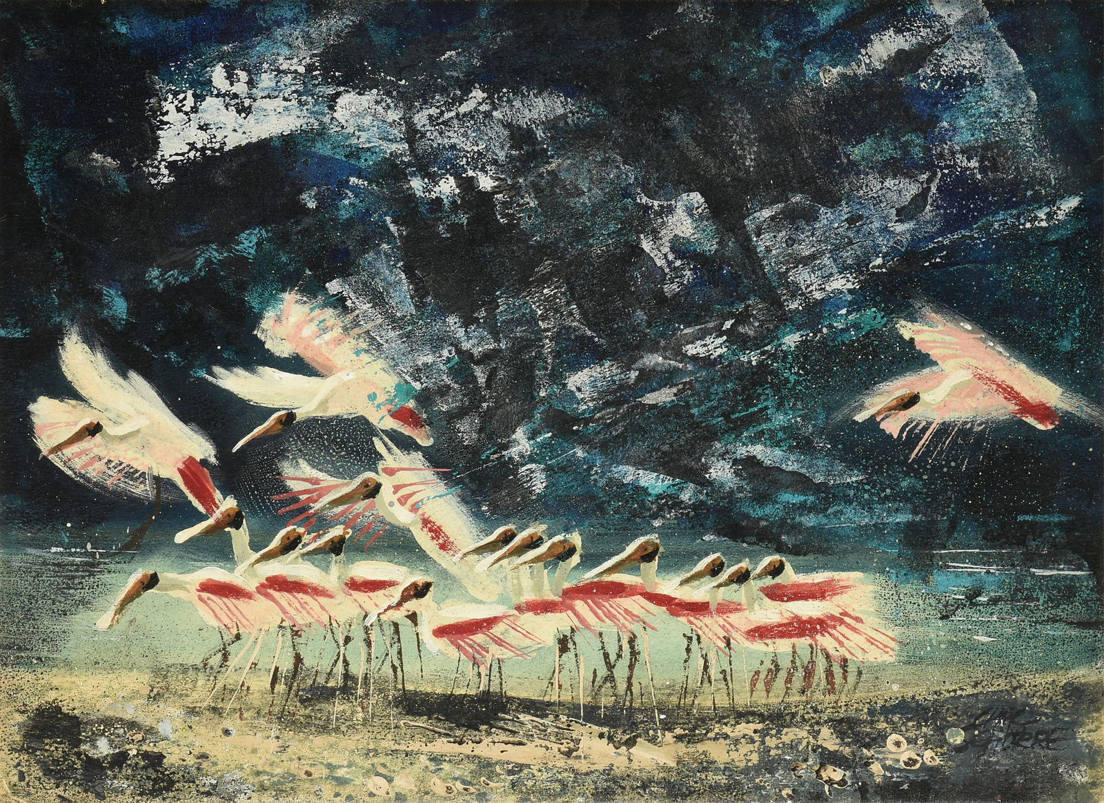 CHARLES SCHORRE (American/Texas 1925-1996) "Roseate Spoonbills," 20TH CENTURY,: CHARLES SCHORRE (American/Texas 1925-1996) "Roseate Spoonbills," 20TH CENTURY,oil on card, signed lower right, "Chas Schorre."8 3/4 x 11 3/4 in. (22.2 x 29.8 cm.), Frame: 11 1/2 x 14 3/4 in. (29.2 x 3