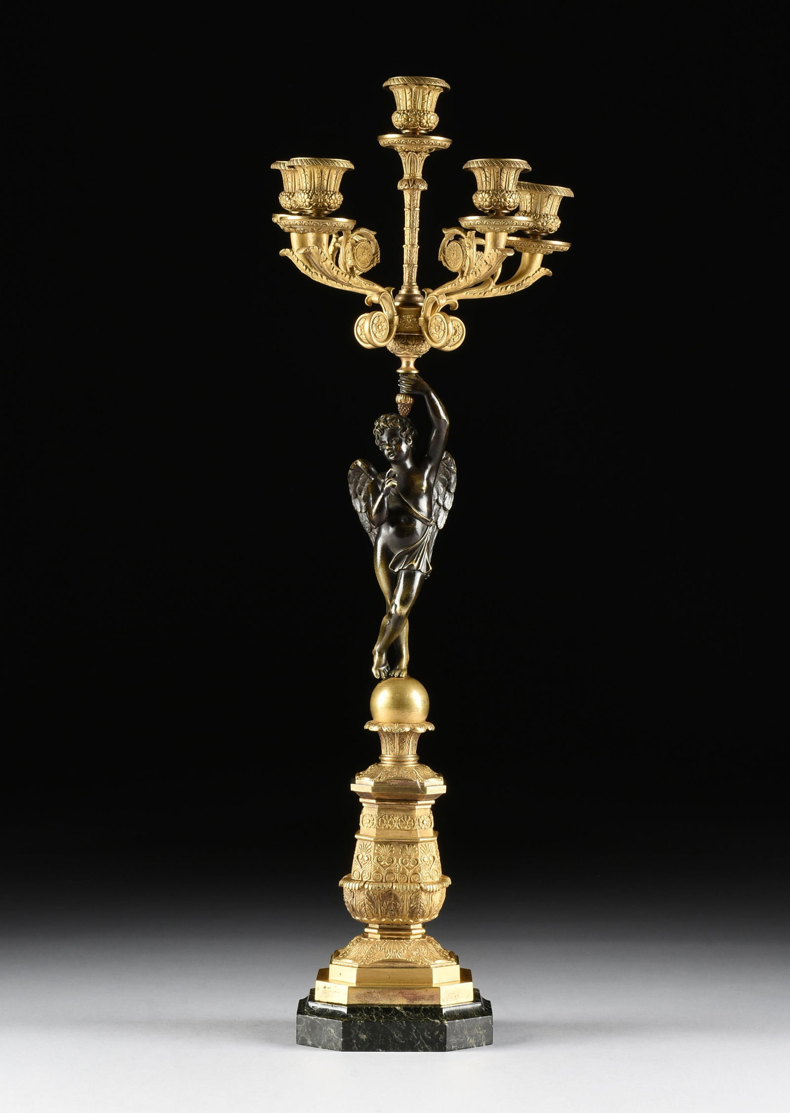 AN EMPIRE BRONZE ORMOLU FIVE-LIGHT CANDELABRUM, FRENCH, LATE 19TH CENTURY, (1 of 9)