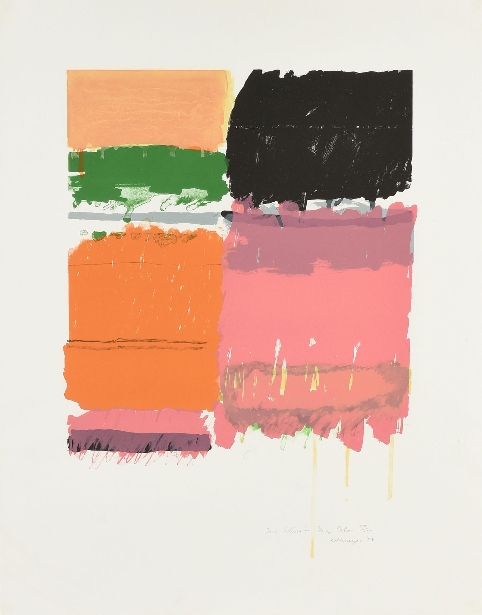 IDA RITTENBERG KOHLMEYER (American 1912-1997) "Two Totems in Gay Colors," 1973,: IDA RITTENBERG KOHLMEYER (American 1912-1997) "Two Totems in Gay Colors," 1973,screenprint on paper, titled, numbered, signed, and dated in pencil at lower right, "Two Totems in Gay Colors 52/100 / Ko