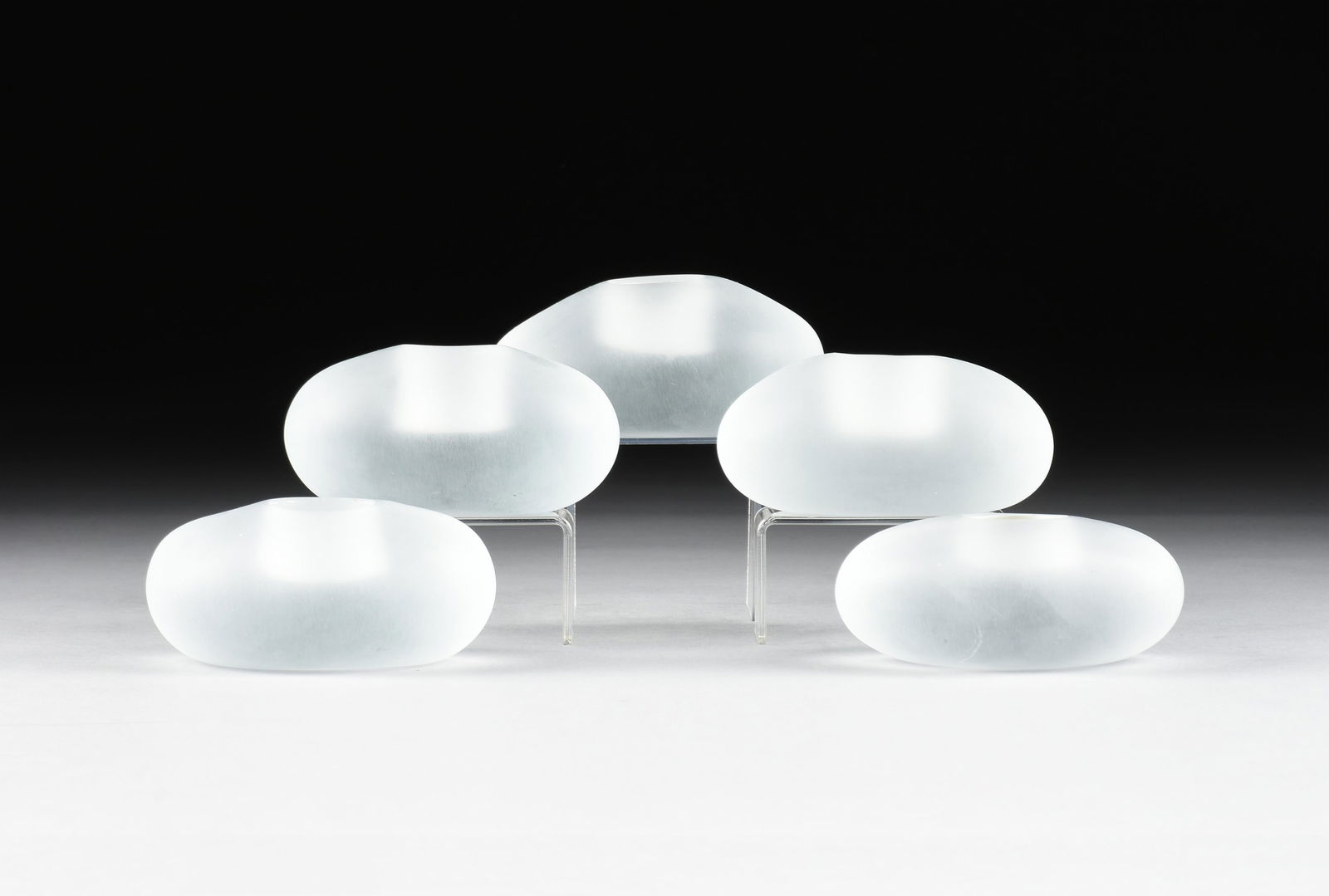 FIVE SALVIATI VOTIVE CANDLE HOLDERS, ITALIAN, CIRCA 1999,: FIVE SALVIATI VOTIVE CANDLE HOLDERS, ITALIAN, CIRCA 1999,free form frosted glass, each with slight variation in size/shape, marked on base, "Salviati."Each approx.: 2 1/2 x 5 1/2 x 4 1/2 in. (6.4 x 14