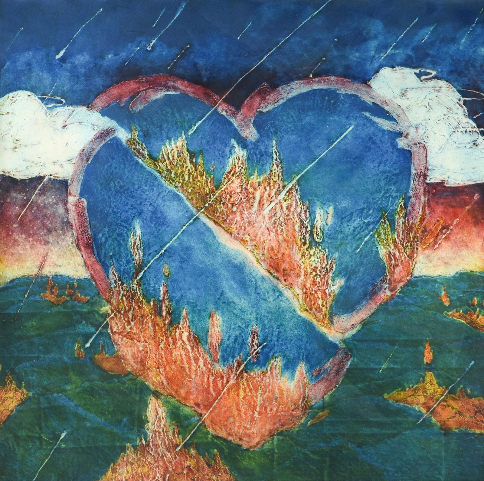 DAN MITCHELL ALLISON (American/Texas b. 1953) "Corazon del Fuego," 1980s,: DAN MITCHELL ALLISON (American/Texas b. 1953) "Corazon del Fuego," 1980s,aquatint, signed lower right, "Dan Mitchell."29 x 29 in. (73.7 x 73.7 cm.), Frame: 43 x 43 in. (109.2 x 109.2 cm.)