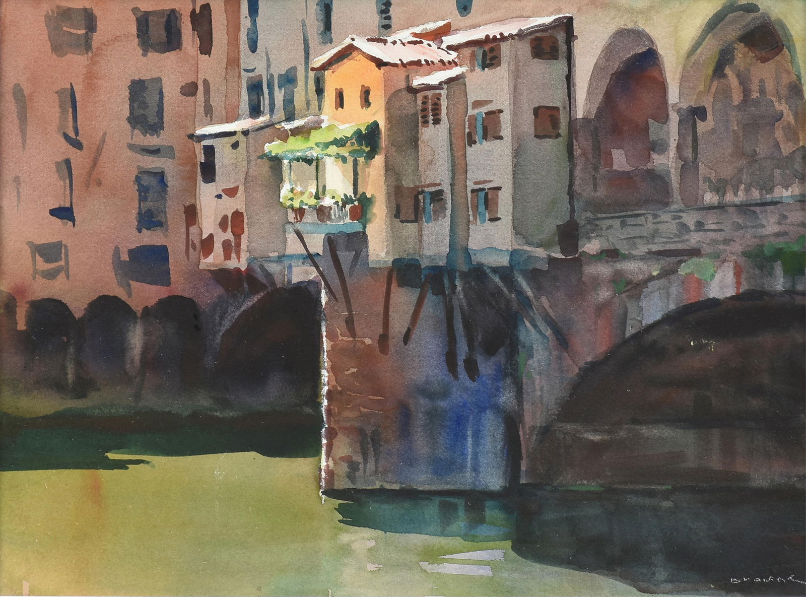 BRAD BRAUNE (American/Texas 1951-2019) "Ponte Vecchio (Untitled)," 20TH/21ST CENTURY,: BRAD BRAUNE (American/Texas 1951-2019) "Ponte Vecchio (Untitled)," 20TH/21ST CENTURY,watercolor on paper, signed lower right, "Braune."10 5/8 x 14 3/8 in. (27 x 36.5 cm.), Frame: 16 1/8 x 19 7/8 in. (