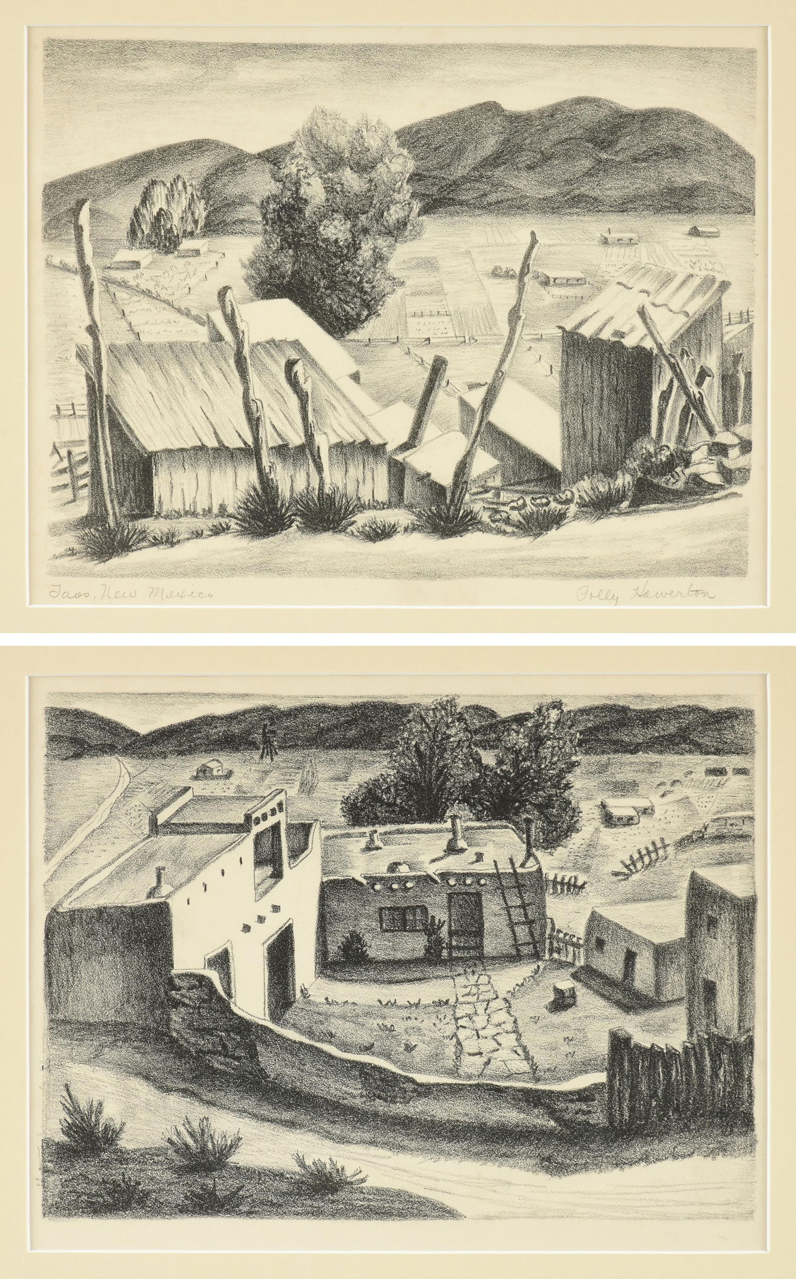 POLLY HOWERTON (American/Texas 1904-1987) TWO PRINTS, "Taos, New Mexico," AND "Adobe Buildings (1 of 17)