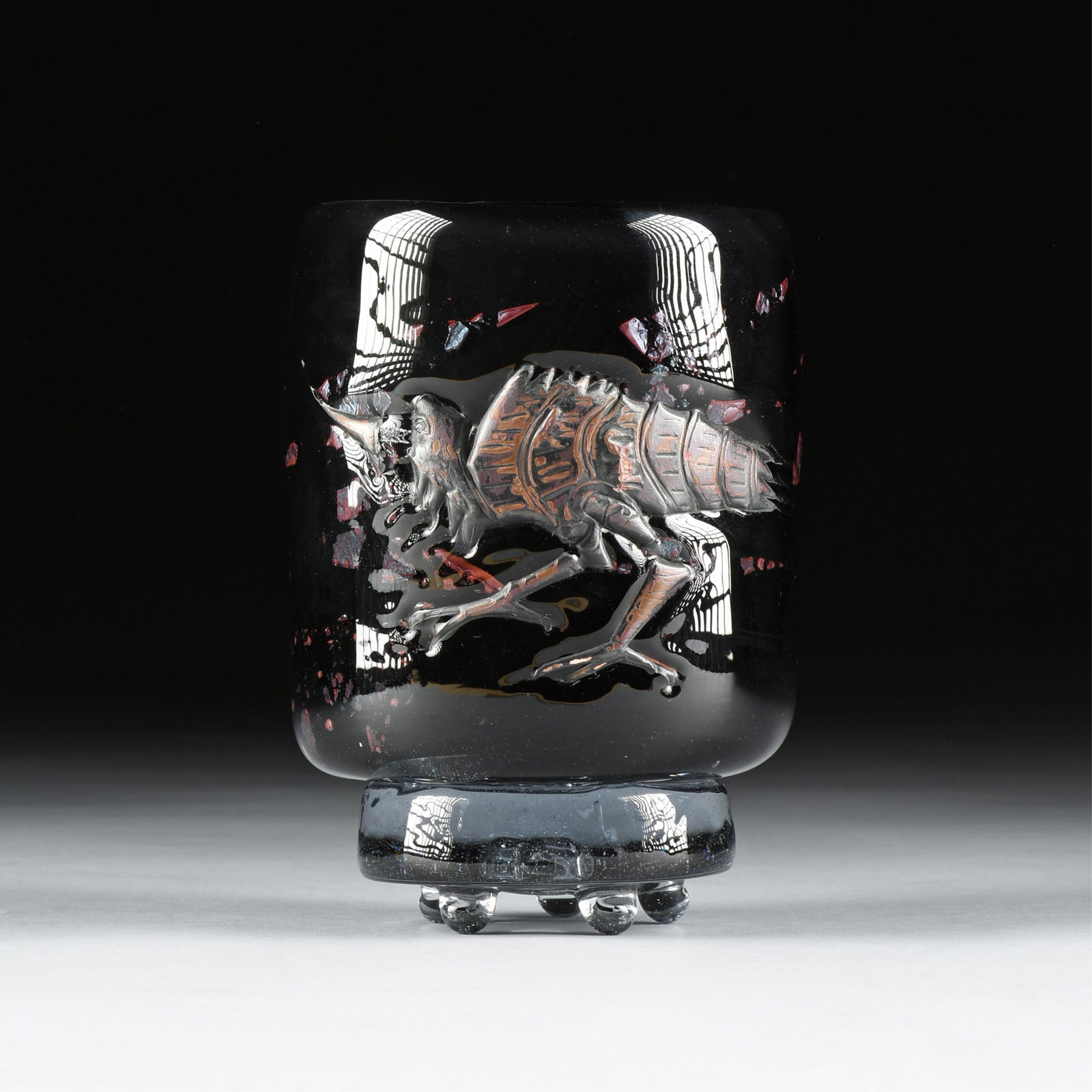 AMERICAN SCHOOL, VASE WITH BIRDS, 20TH CENTURY,: AMERICAN SCHOOL, VASE WITH BIRDS, 20TH CENTURY,hand blown glass vase ornamented with two cold painted birds, signed at base (illegible).8 x 5 5/8 x 5 1/8 in. (20.3 x 14.3 x 13 cm.) Provenance: Collect