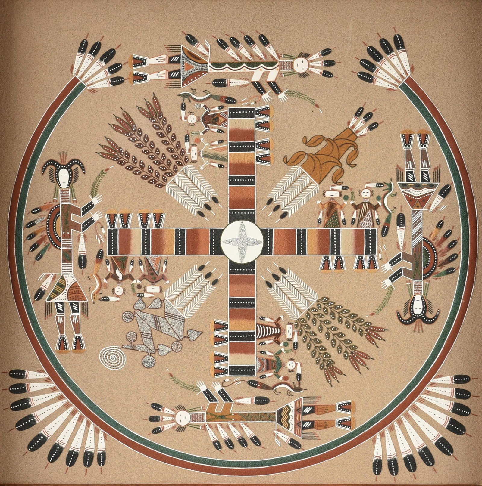 HERBERT BEN SR (American/Diné b. 1950) "Whirling Logs," 1979,: HERBERT BEN SR (American/Diné b. 1950) "Whirling Logs," 1979,sand and mixed media on board, titled, dated and signed on reverse, "Whirling Logs... / 79 / Herbert Ben Sr..."24 x 24 in. (61 x 61 cm