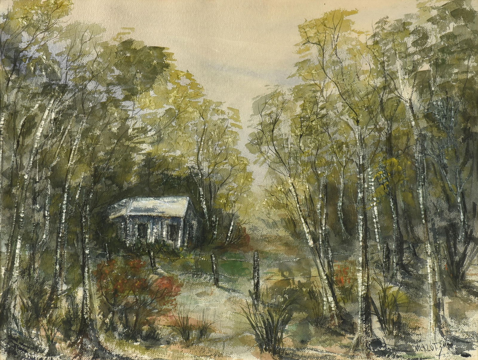 MARY LOU KLOTZMAN (American/Texas 1932-2024) "Country Cabin (Untitled)," 20TH/21ST CENTURY,: MARY LOU KLOTZMAN (American/Texas 1932-2024) "Country Cabin (Untitled)," 20TH/21ST CENTURY,watercolor on paper, signed lower right, "ML KLOTZMAN."22 1/2 x 29 1/2 in. (57.2 x 74.9 cm.), Frame: 32 1/4 x