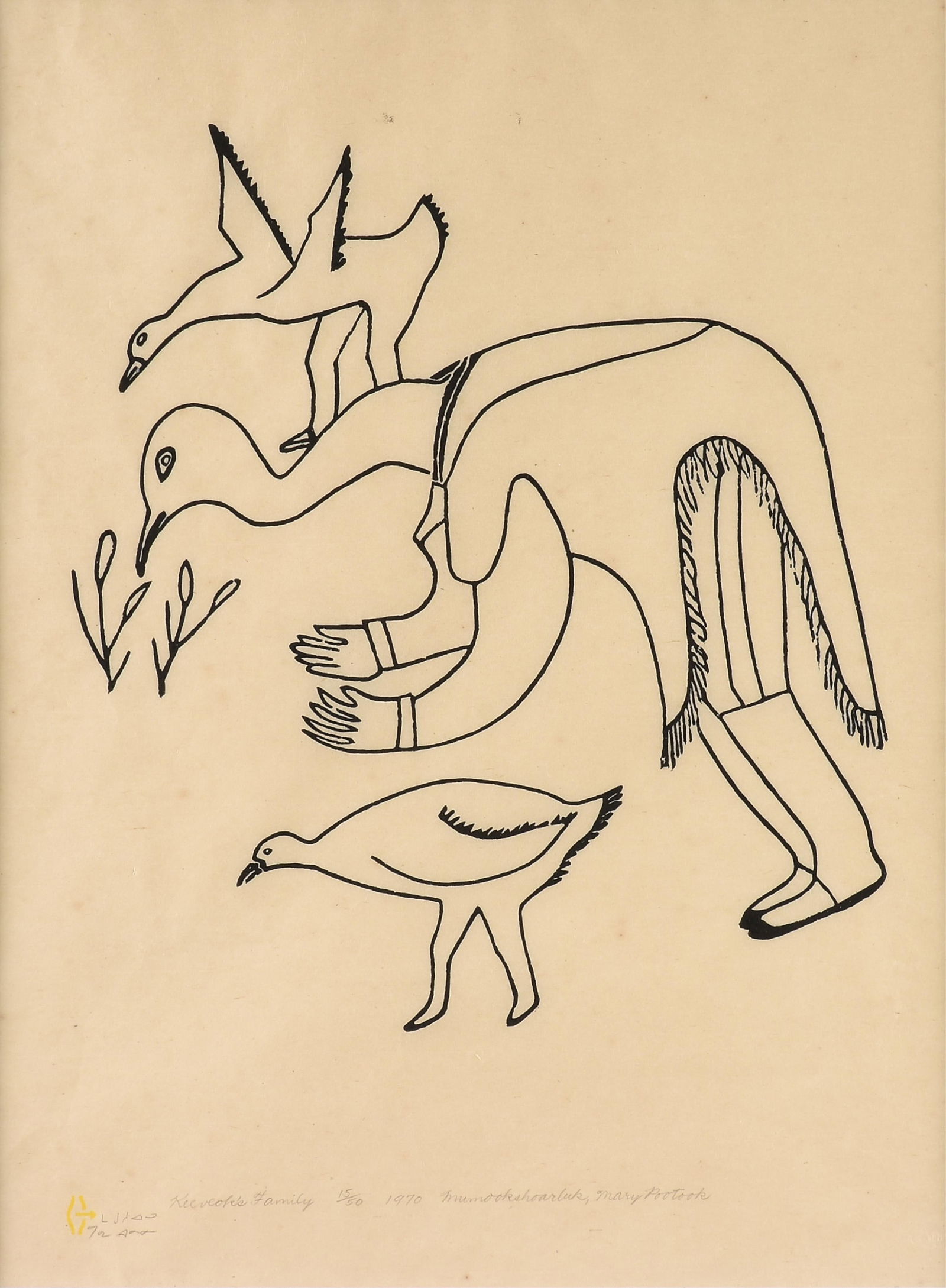 TWO BAKER LAKE PRINTS WITH ANTHROPOMORPHIC FIGURES, INUIT, 1970,: TWO BAKER LAKE PRINTS WITH ANTHROPOMORPHIC FIGURES, INUIT, 1970,stonecut prints on Japan paper, including "Keeveok's Family," by Victoria Mamnguqsualuk (1930-2016), and "Bird Spirit," by Josiah Nuilaa