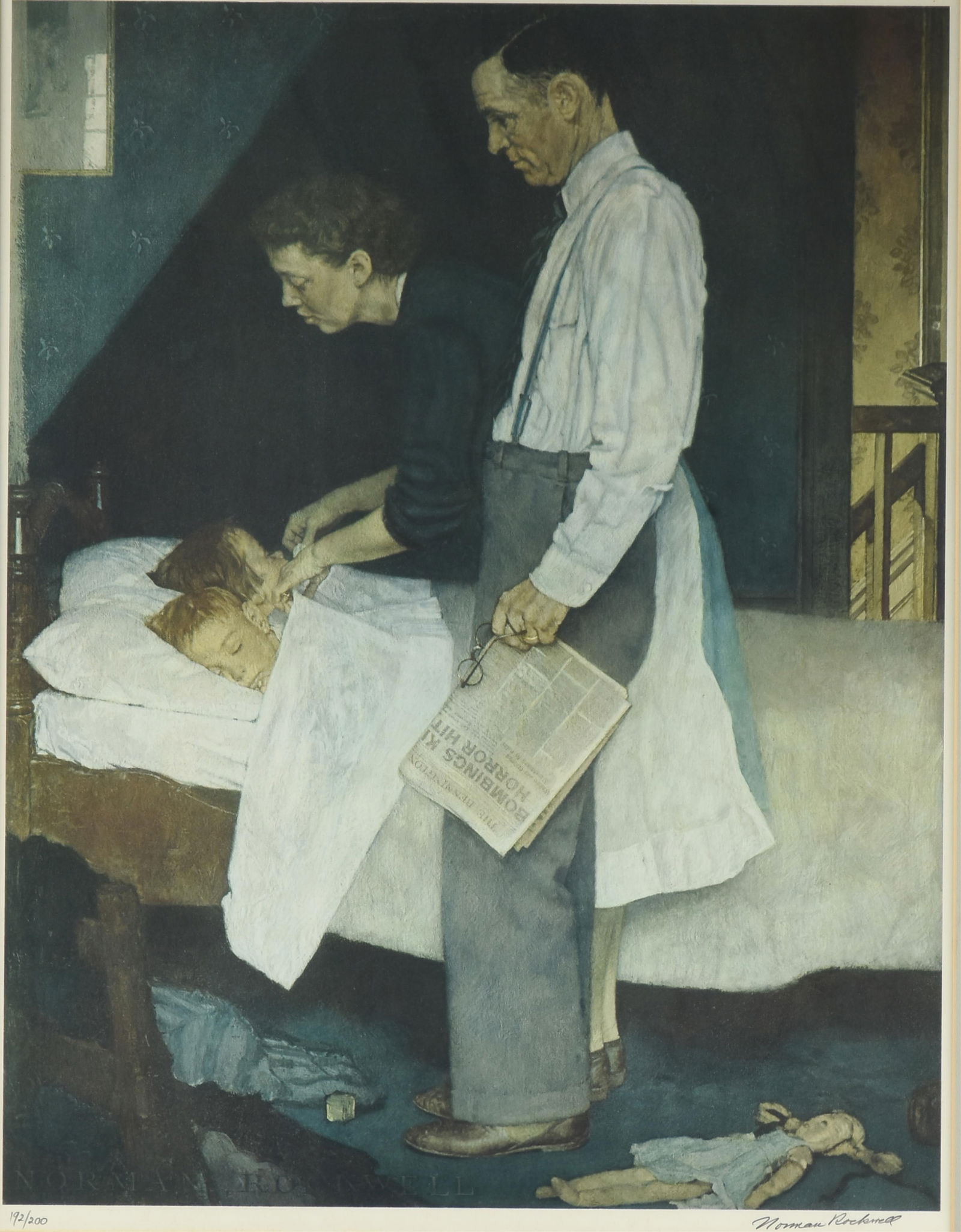 NORMAN ROCKWELL (American 1894-1978) "Freedom from Fear," CIRCA 1975,: NORMAN ROCKWELL (American 1894-1978) "Freedom from Fear," CIRCA 1975,lithograph on paper, signed lower right, "Norman Rockwell," and numbered lower left, "192/200."29 x 22 1/2 in. (73.7 x 57.2 cm.), F