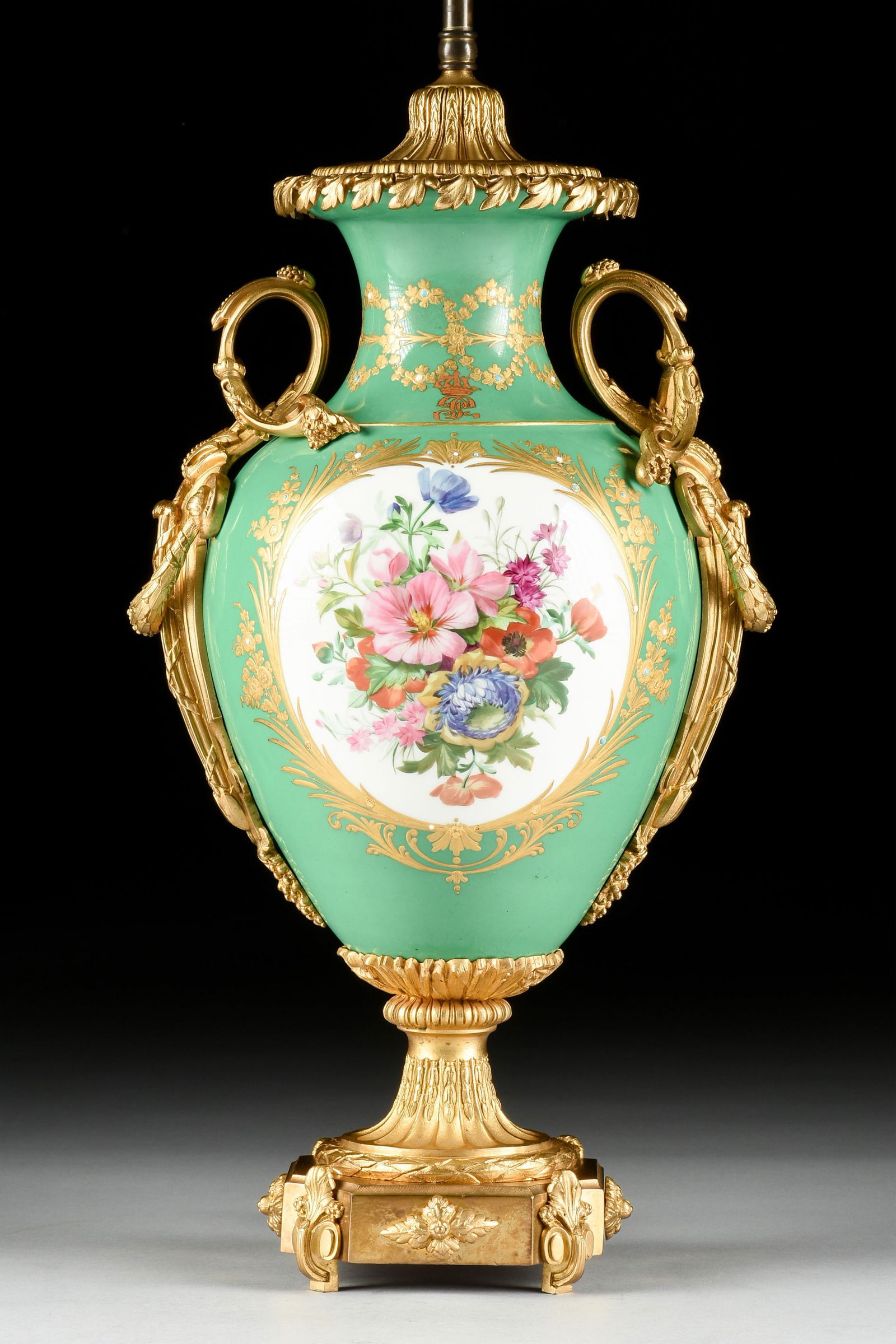 A REVIVAL STYLE BRONZE ORMOLU-MOUNTED PORCELAIN VASE LAMP, FRENCH, 19TH CENTURY, (1 of 10)