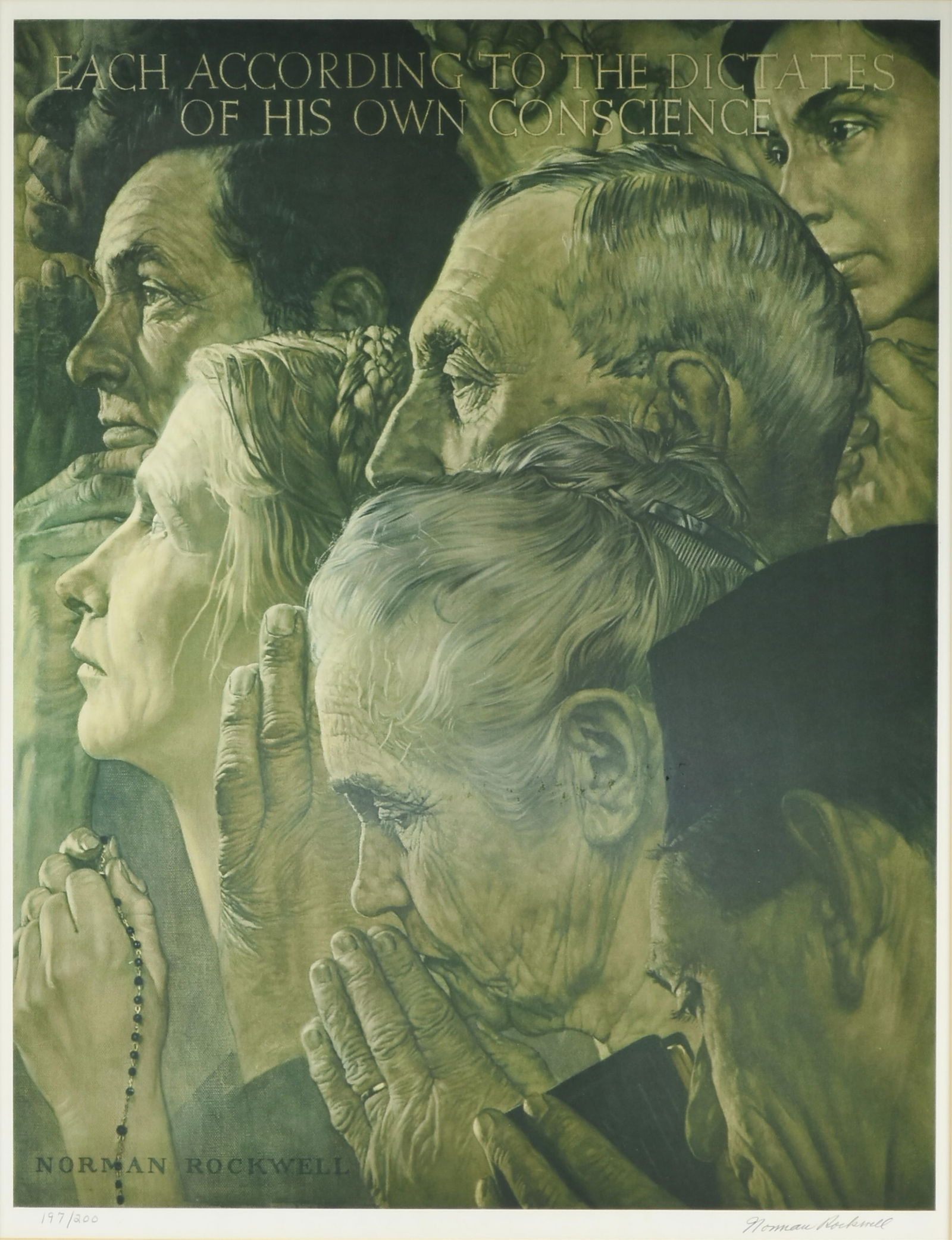 NORMAN ROCKWELL (American 1894-1978) "Freedom of Worship," CIRCA 1975,: NORMAN ROCKWELL (American 1894-1978) "Freedom of Worship," CIRCA 1975,lithograph on paper, signed lower right, "Norman Rockwell," and numbered lower left, "197/200."29 1/2 x 23 in. (74.9 x 58.4 cm.),
