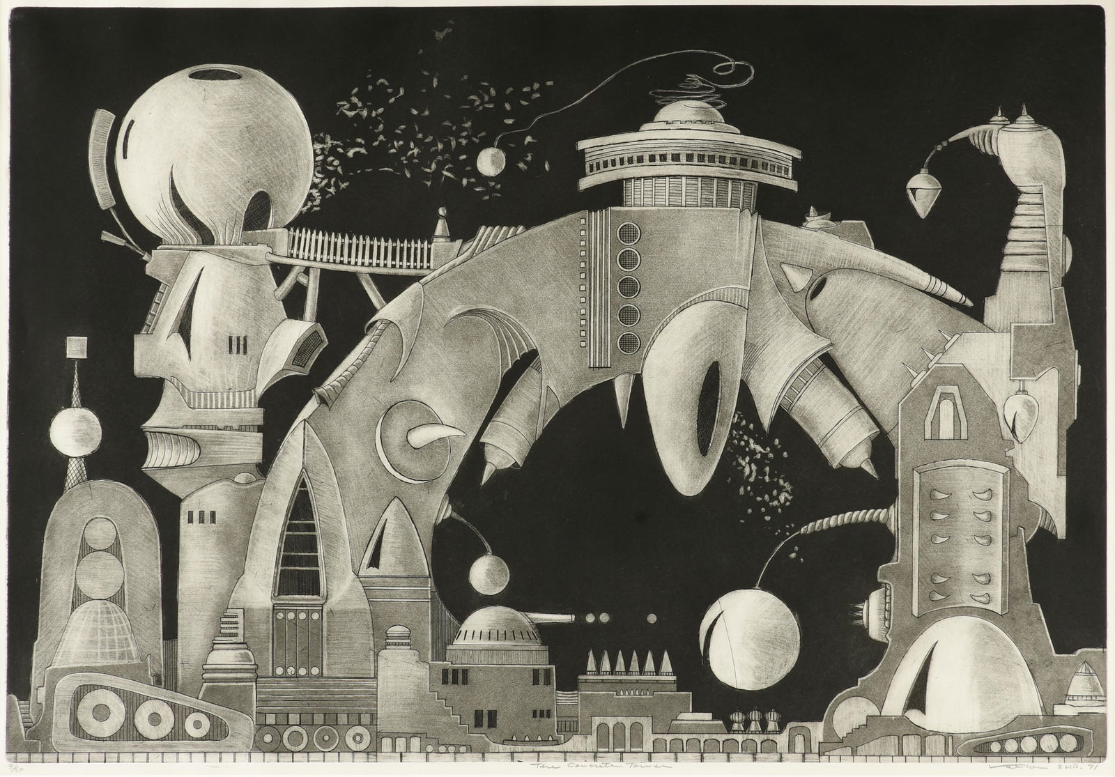 VALTON TYLER (American/Texas 1944-2017) "The Concrete Tower," 1971,: VALTON TYLER (American/Texas 1944-2017) "The Concrete Tower," 1971,aquatint and etching on paper, signed and dated lower right, "Valton Imp. 71," numbered lower left, "9/50," and titled lower center,