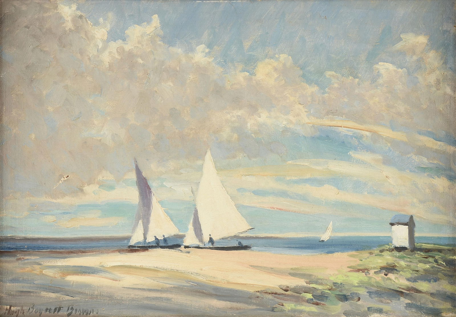 HUGH BOYCOTT BROWN (British 1909-1990) "Sailboats on the Coast," 20TH CENTURY,: HUGH BOYCOTT BROWN (British 1909-1990) "Sailboats on the Coast," 20TH CENTURY,oil on board, signed lower left, "Hugh Boycott Brown."13 1/2 x 19 1/2 in. (34.3 x 49.5 cm.), Frame: 20 x 25 3/4 in. (50.8